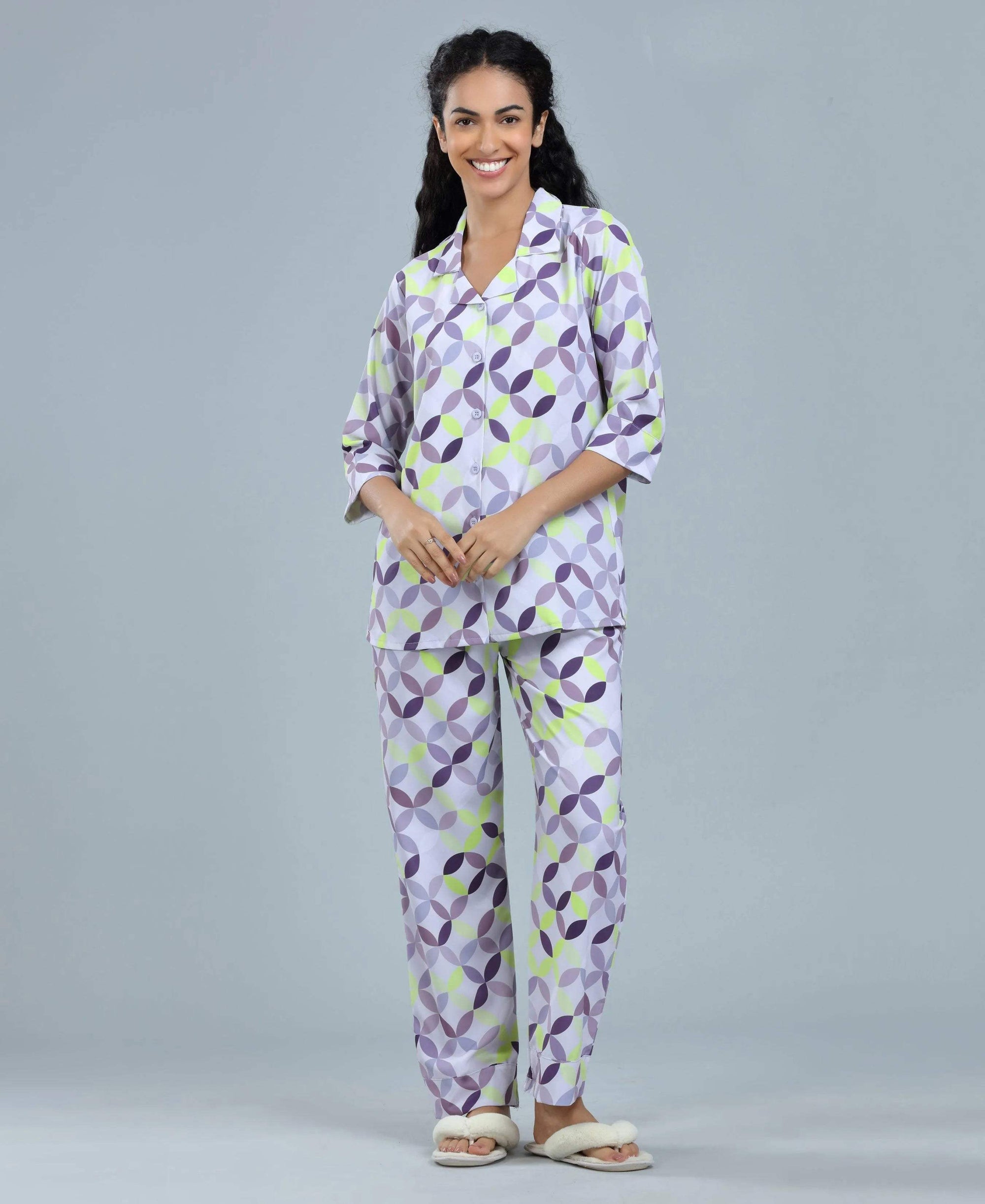 Geometric Satin Night Suit - Velure - Shirt and Pant - Abstract Print, Collar Neck, Front Button Open, Full Length Pant, Full Sleeves, Satin