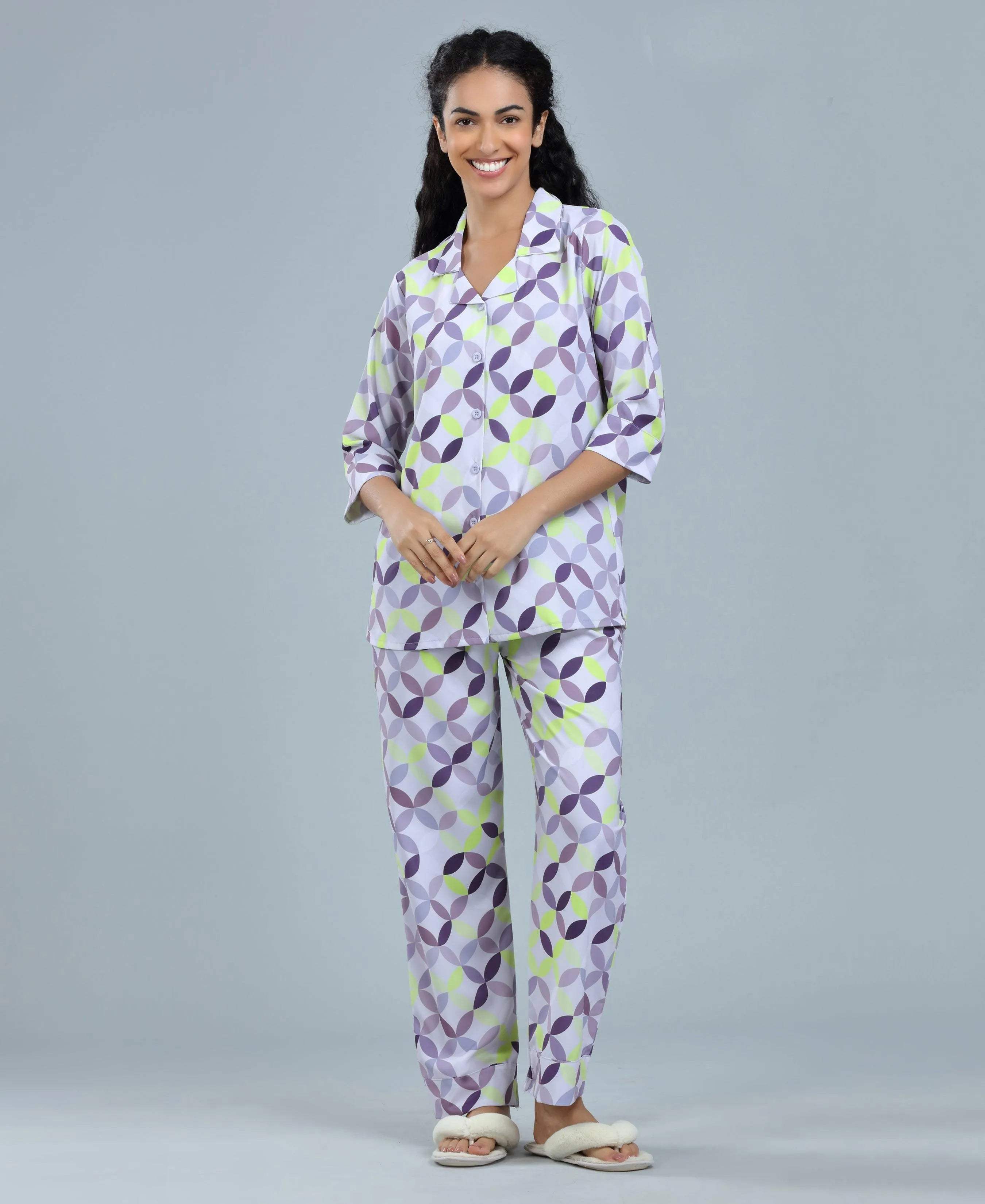Geometric Satin Night Suit - Velure - Shirt and Pant - Abstract Print, Collar Neck, Front Button Open, Full Length Pant, Full Sleeves, Satin