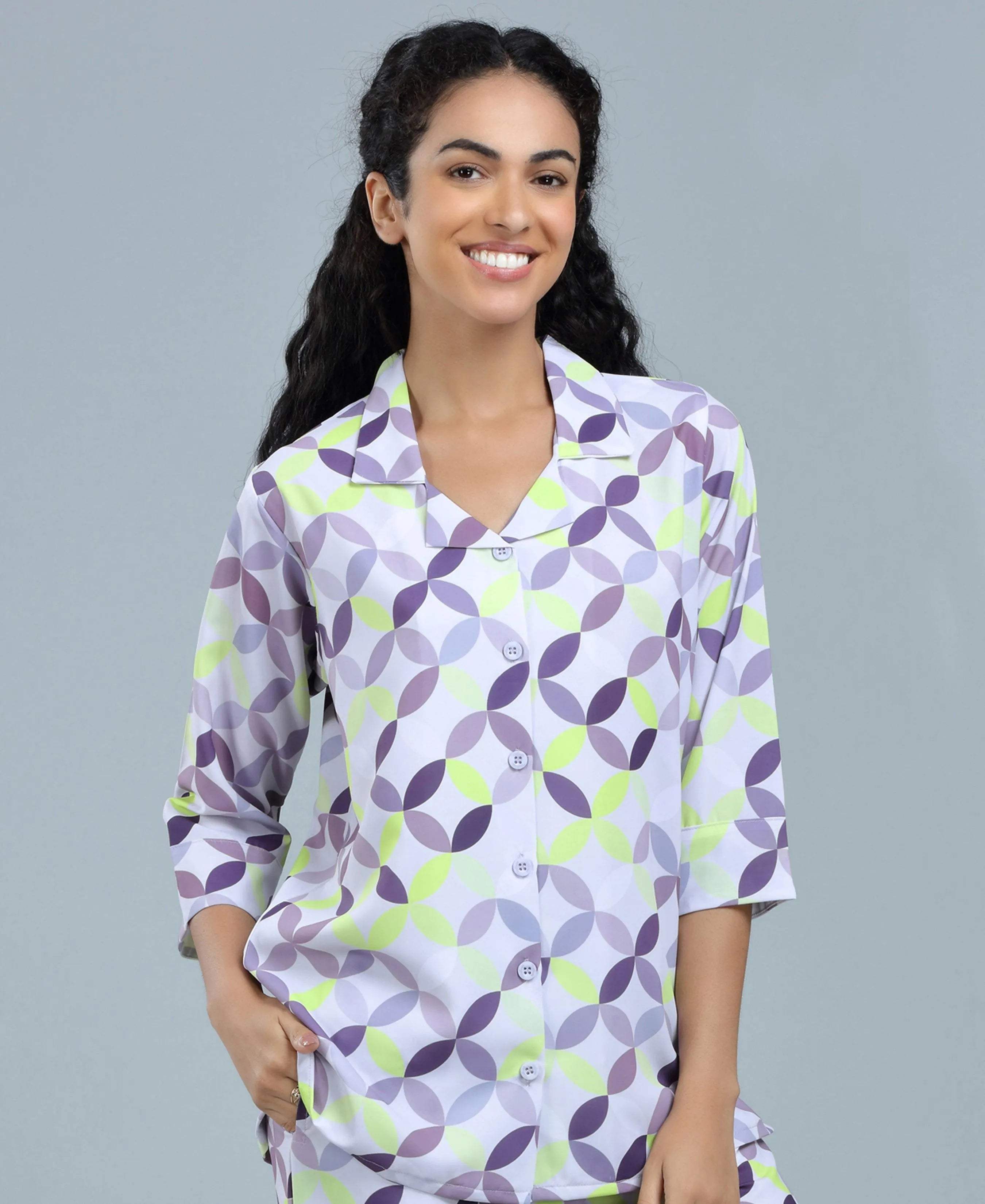 Geometric Satin Night Suit - Velure - Shirt and Pant - Abstract Print, Collar Neck, Front Button Open, Full Length Pant, Full Sleeves, Satin