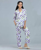 Geometric Satin Night Suit - Velure - Shirt and Pant - Abstract Print, Collar Neck, Front Button Open, Full Length Pant, Full Sleeves, Satin
