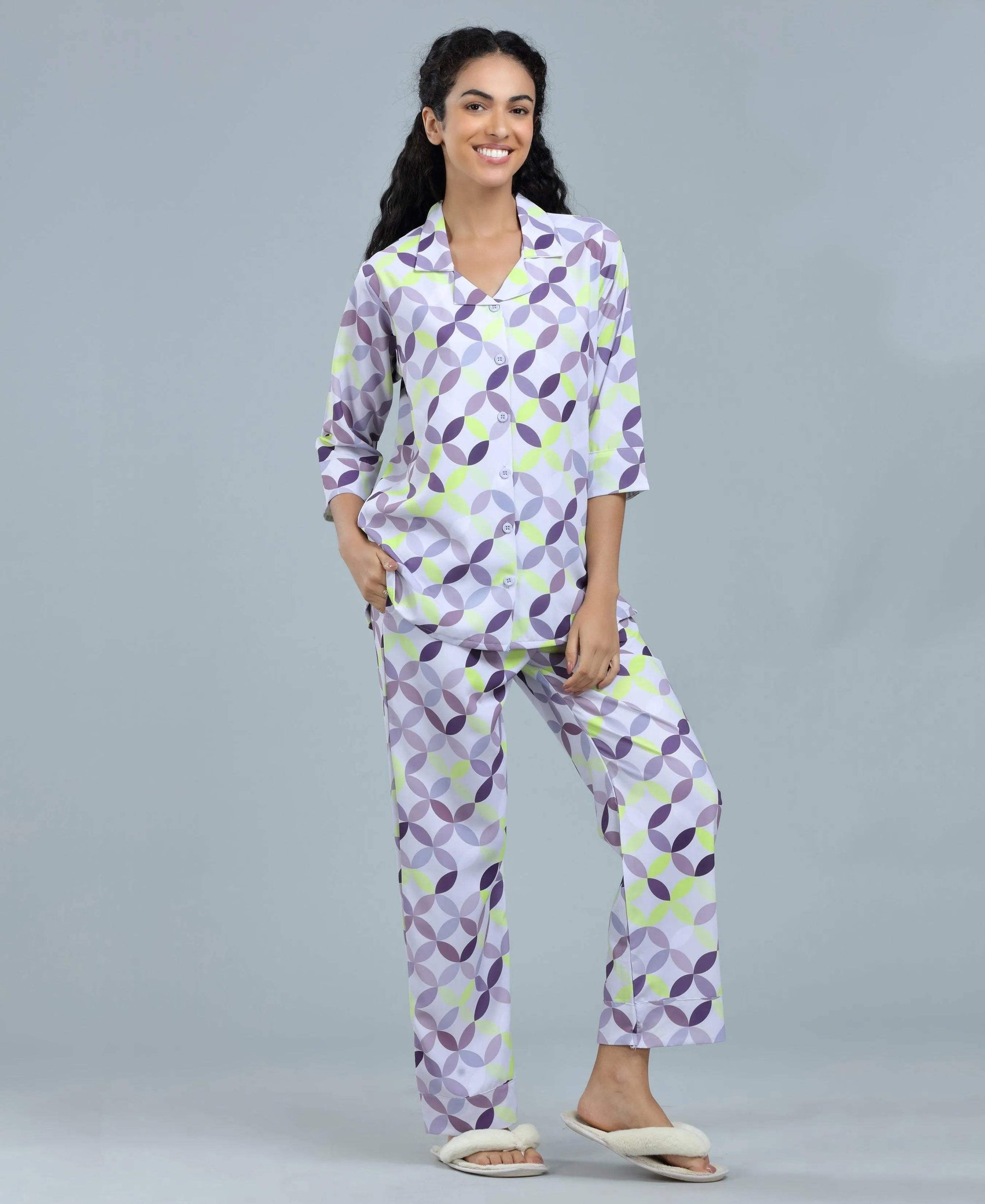 Geometric Satin Night Suit - Velure - Shirt and Pant - Abstract Print, Collar Neck, Front Button Open, Full Length Pant, Full Sleeves, Satin