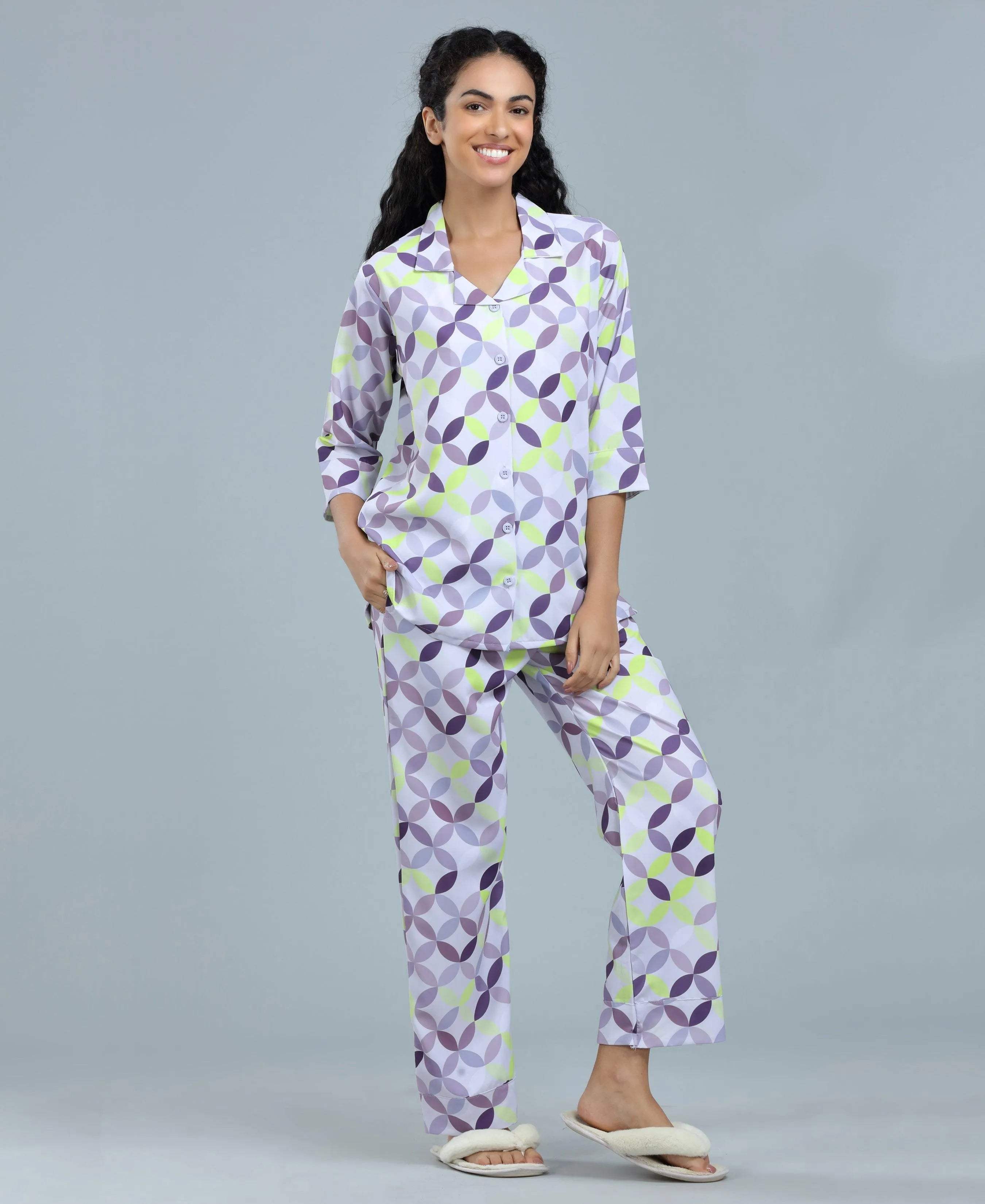 Geometric Satin Night Suit - Velure - Shirt and Pant - Abstract Print, Collar Neck, Front Button Open, Full Length Pant, Full Sleeves, Satin