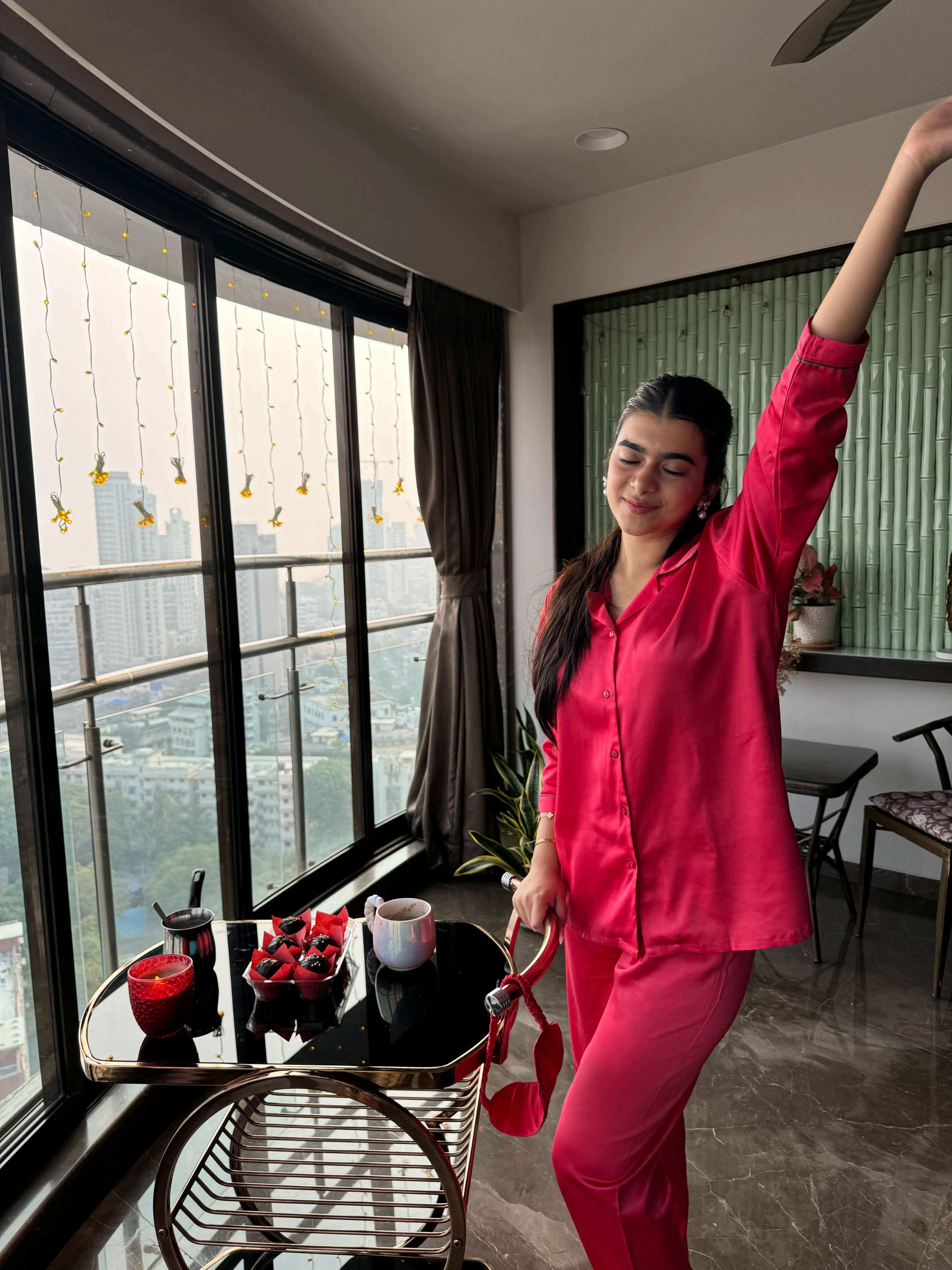 Velure Flerry Red Satin Night Suit - Velure - - 3/4 Sleeves, Collar Neck, Eye Mask, Front Button Open, Full Length Pant, Satin
