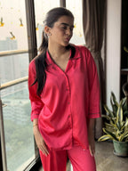 Velure Flerry Red Satin Night Suit - Velure - - 3/4 Sleeves, Collar Neck, Eye Mask, Front Button Open, Full Length Pant, Satin