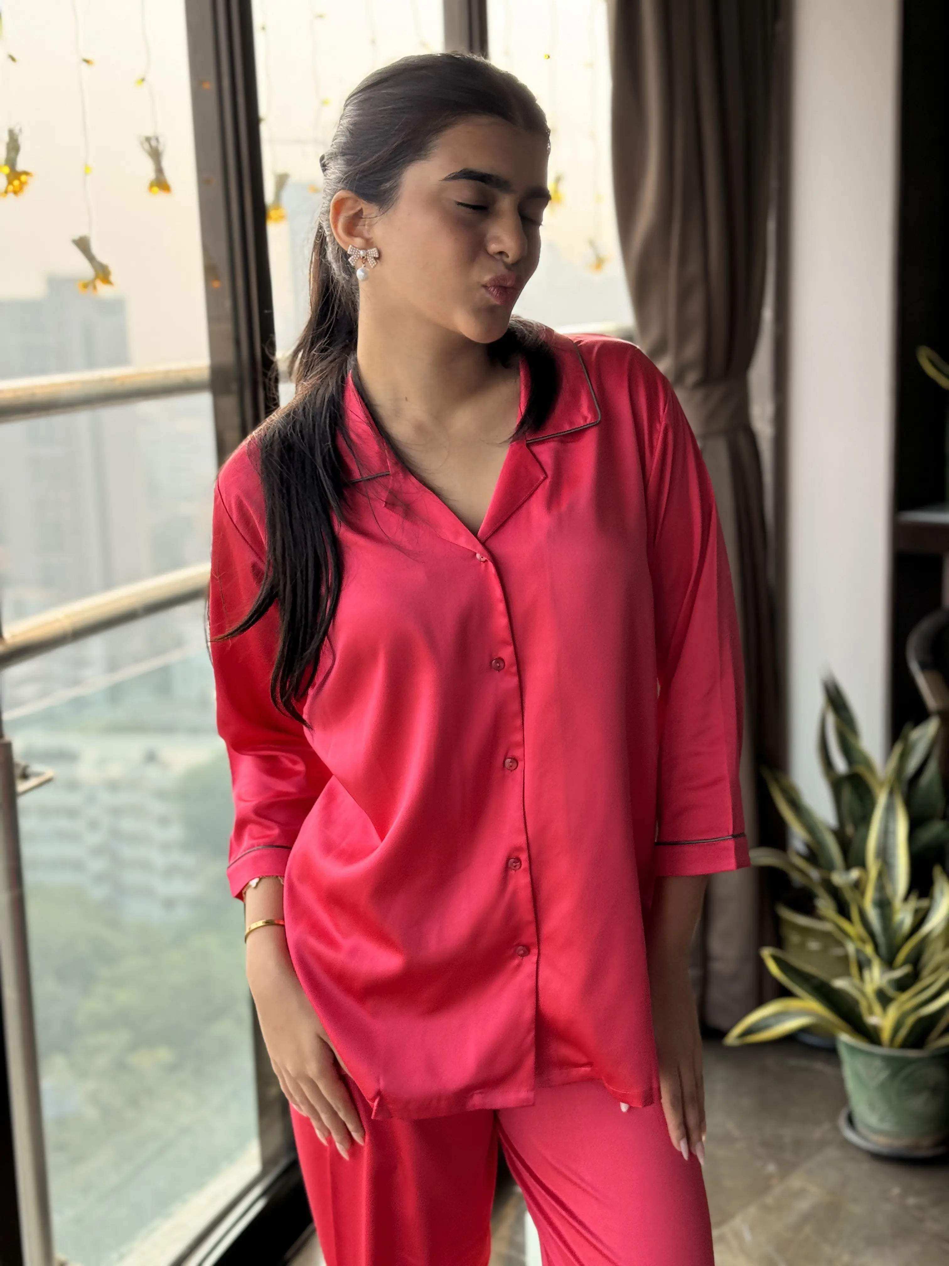 Velure Flerry Red Satin Night Suit - Velure - - 3/4 Sleeves, Collar Neck, Eye Mask, Front Button Open, Full Length Pant, Satin