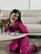 Velure Sparkling Rose Pink Fur Satin Night Suit - Velure - - Collar Neck, Detail-plainfur, Front Button Open, Full Length Pant, Full Sleeves, Fur, Satin