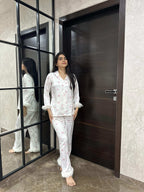 Velure Stylish Pink Heart Print Fur Night Suit - Velure - - Detail-printedfur, Front Button Open, Full Length Pant, Fur, Satin