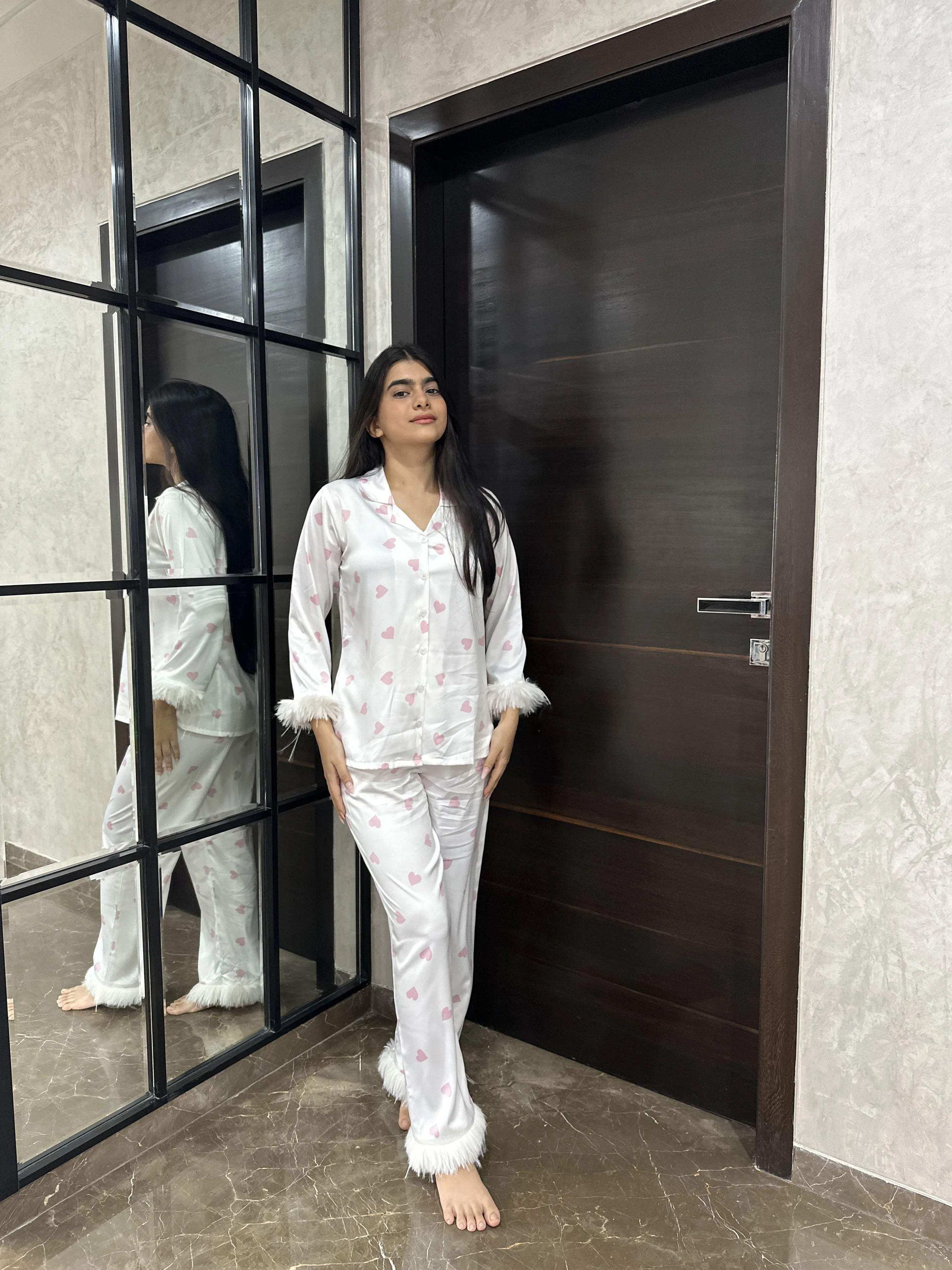 Velure Stylish Pink Heart Print Fur Night Suit - Velure - - Detail-printedfur, Front Button Open, Full Length Pant, Fur, Satin