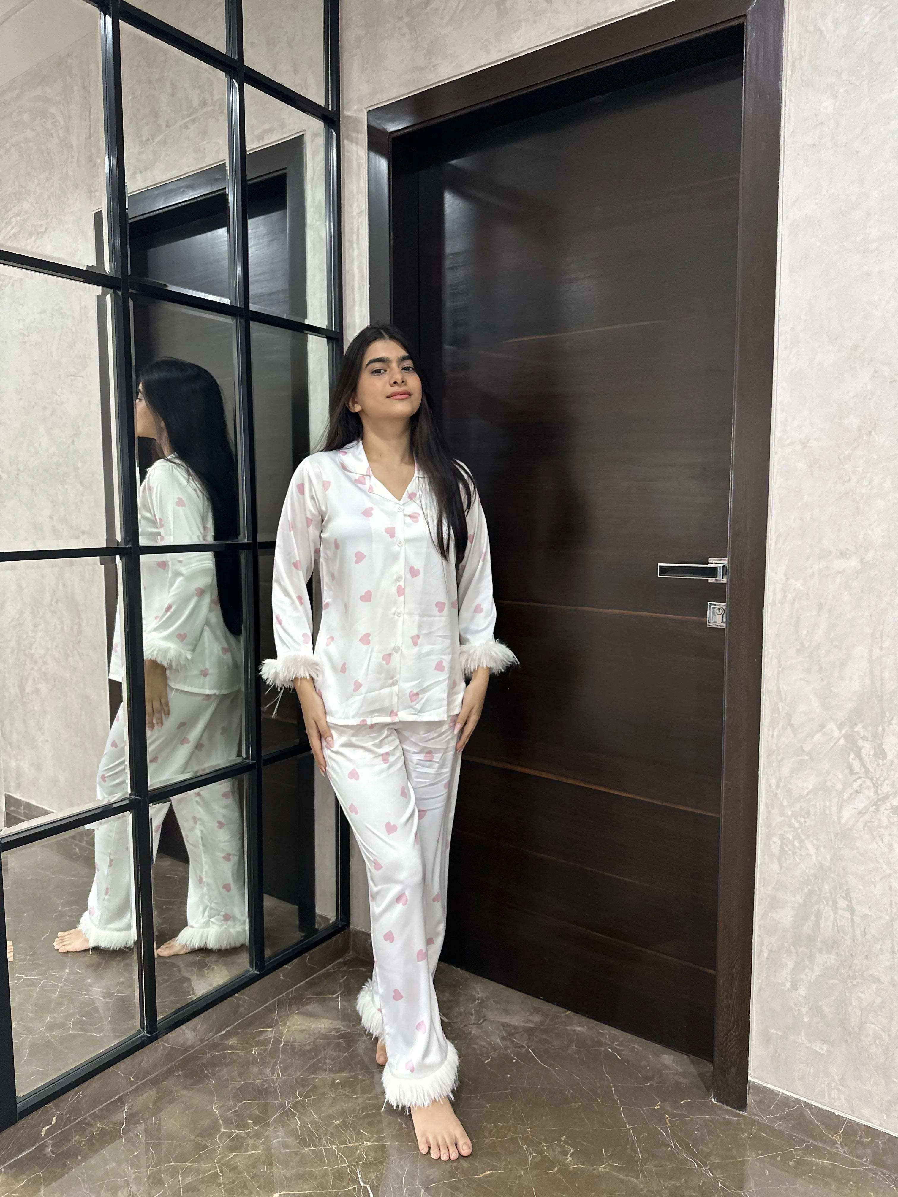 Velure Stylish Pink Heart Print Fur Night Suit - Velure - - Detail-printedfur, Front Button Open, Full Length Pant, Fur, Satin