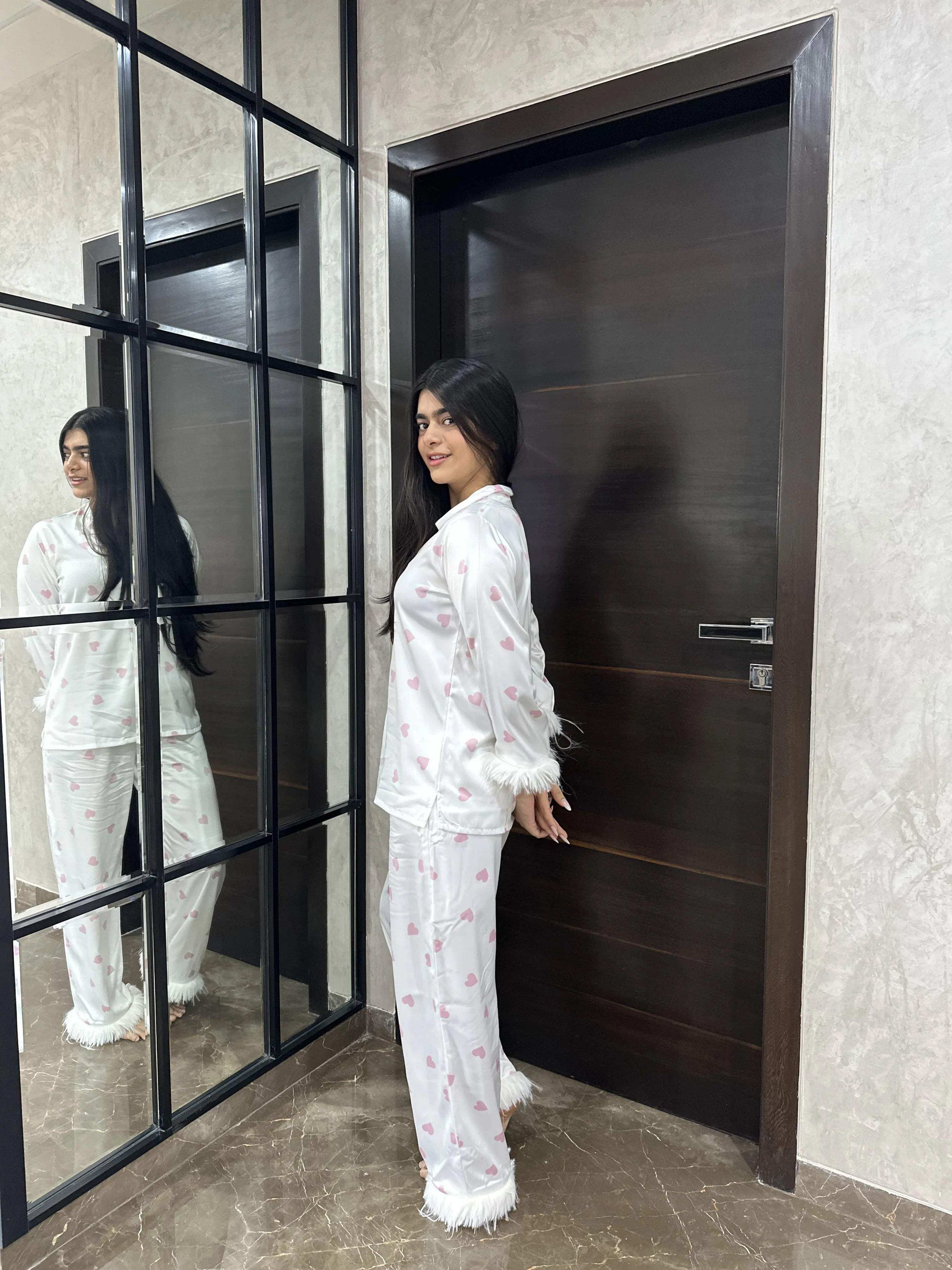 Velure Stylish Pink Heart Print Fur Night Suit - Velure - - Detail-printedfur, Front Button Open, Full Length Pant, Fur, Satin