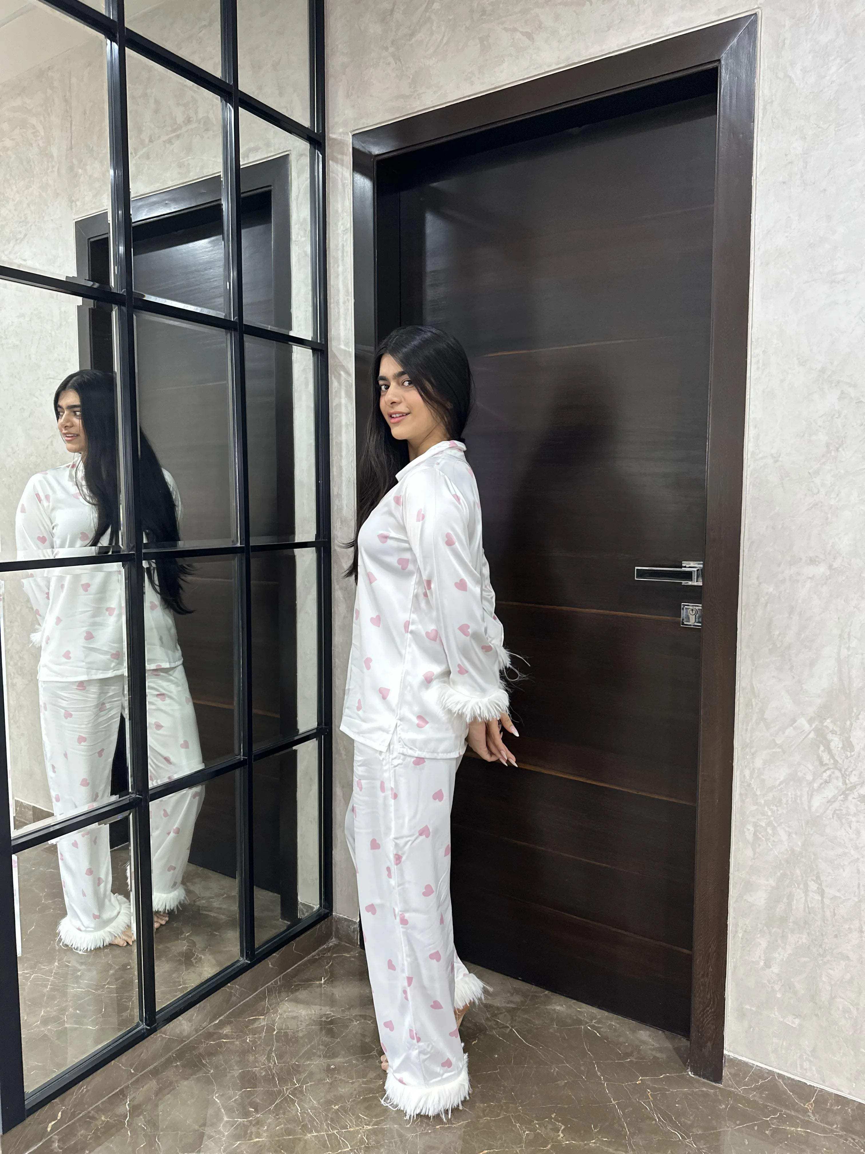 Velure Stylish Pink Heart Print Fur Night Suit - Velure - - Detail-printedfur, Front Button Open, Full Length Pant, Fur, Satin