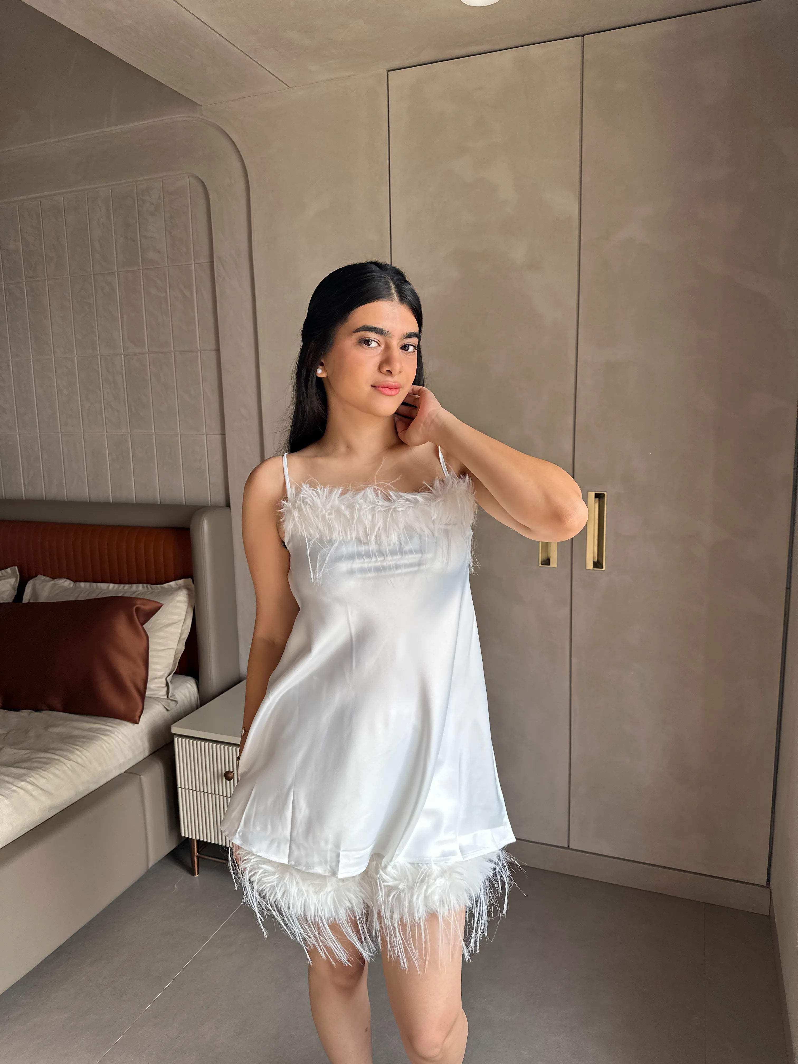 Velure Feathery White Spaghetti Shorts Set - Velure - - Fur, Satin