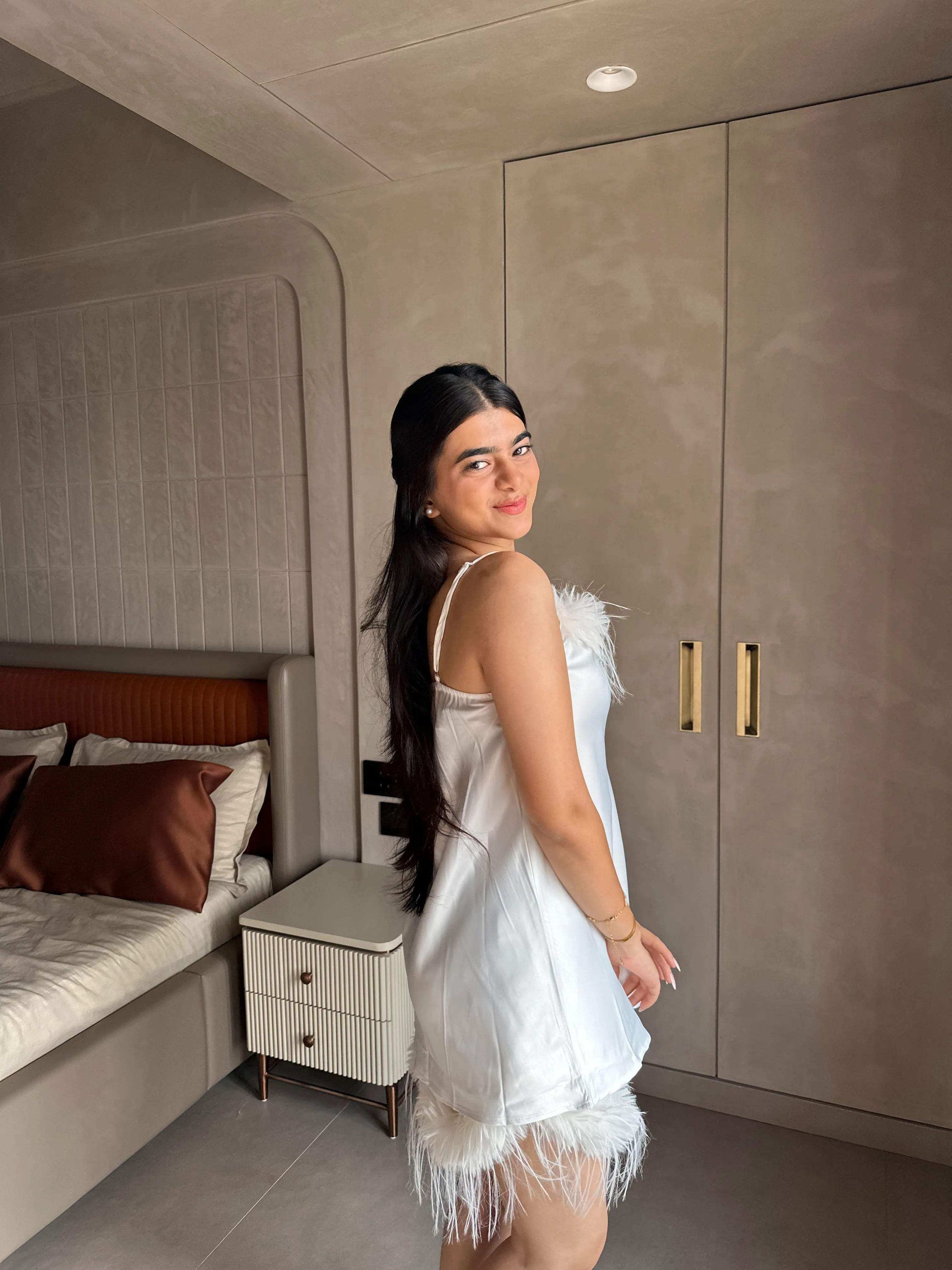 Velure Feathery White Spaghetti Shorts Set - Velure - - Fur, Satin