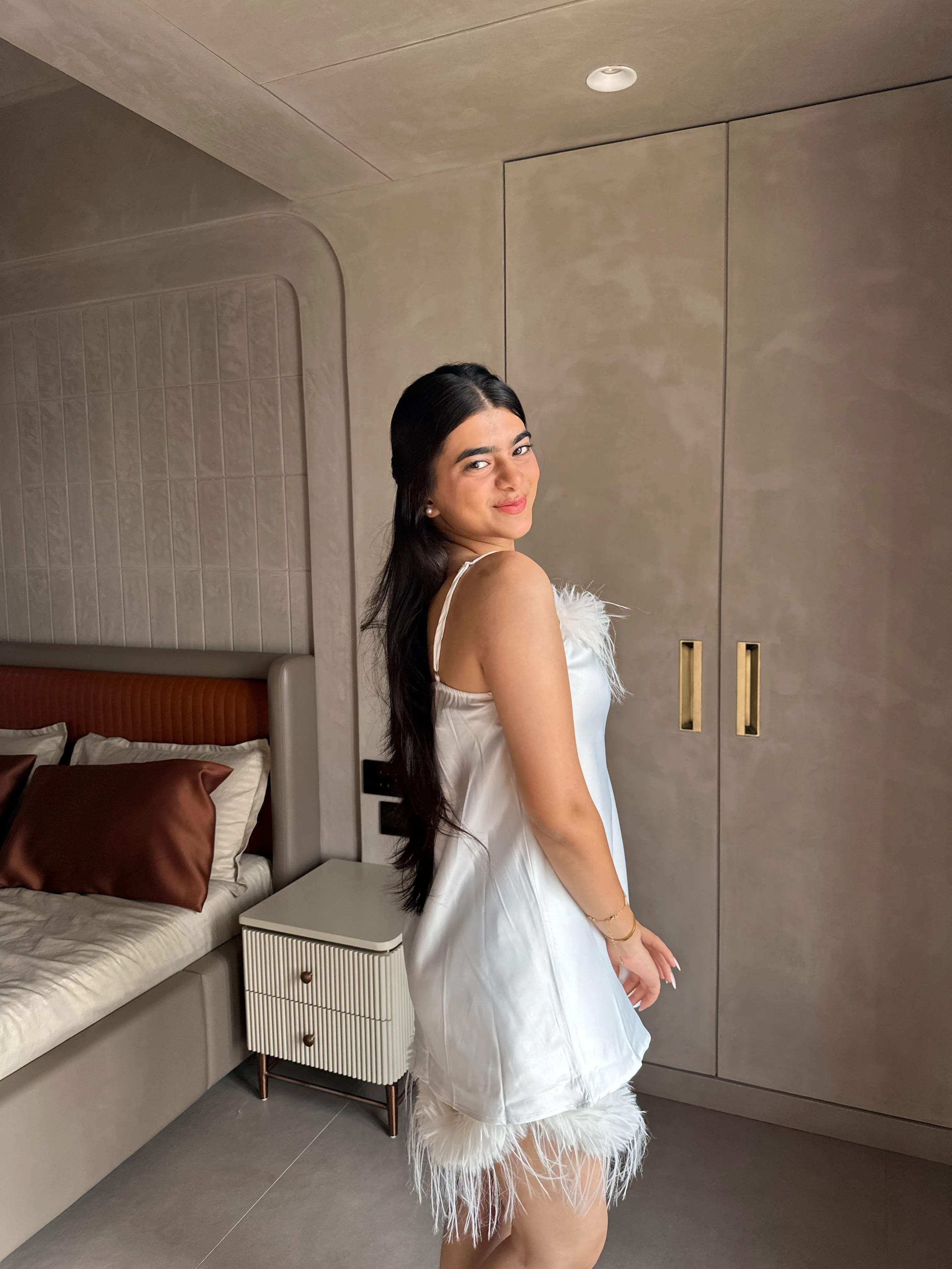 Velure Feathery White Spaghetti Shorts Set - Velure - - Fur, Satin
