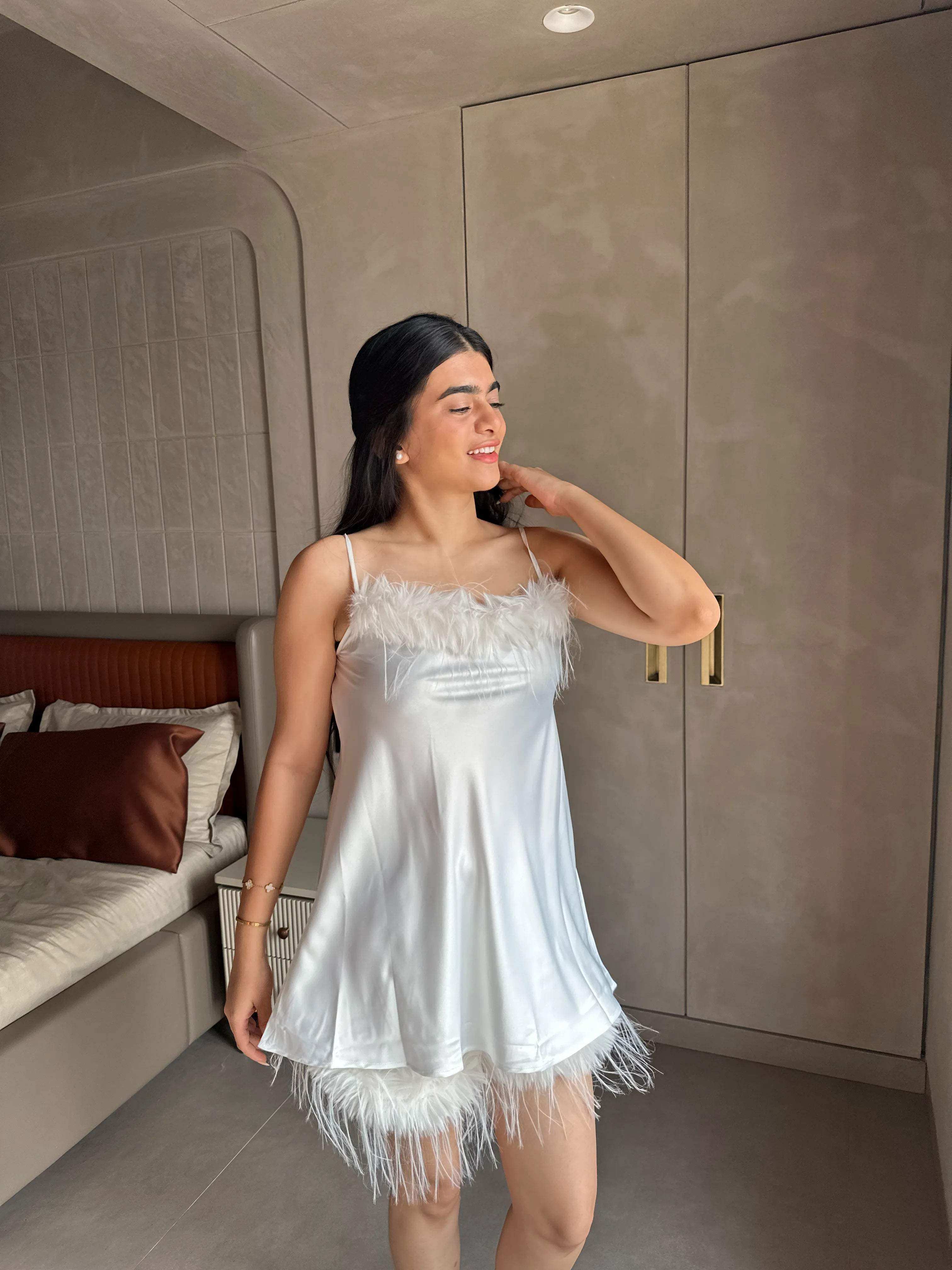 Velure Feathery White Spaghetti Shorts Set - Velure - - Fur, Satin