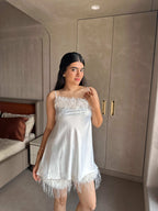 Velure Feathery White Spaghetti Shorts Set - Velure - - Fur, Satin
