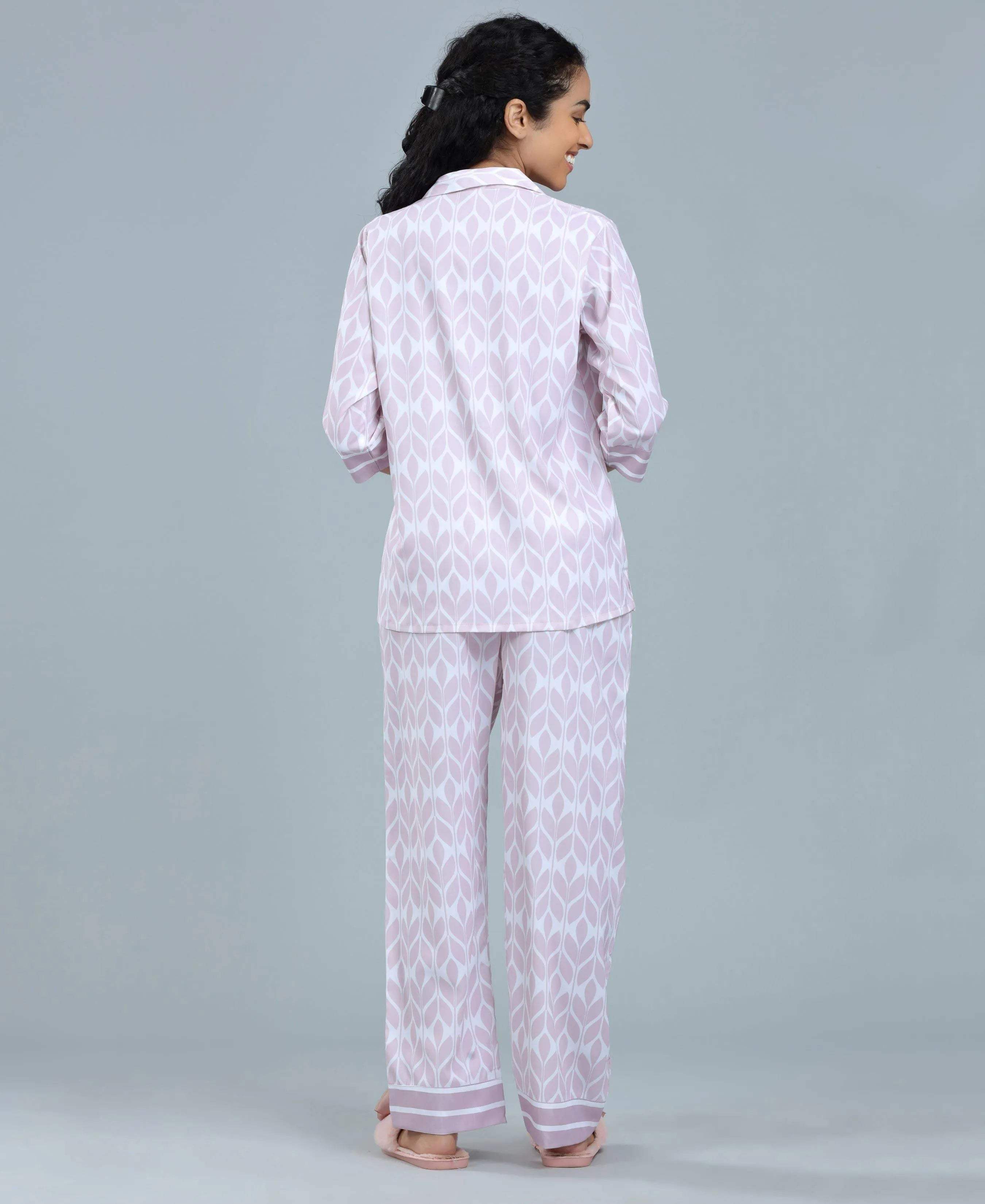 Lavender Geometric Print Satin Night Suit - Velure - Shirt and Pant - 3/4 Sleeves, Abstract Print, Collar Neck, Front Button Open, Full Length Pant, Satin