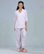 Lavender Geometric Print Satin Night Suit - Velure - Shirt and Pant - 3/4 Sleeves, Abstract Print, Collar Neck, Front Button Open, Full Length Pant, Satin