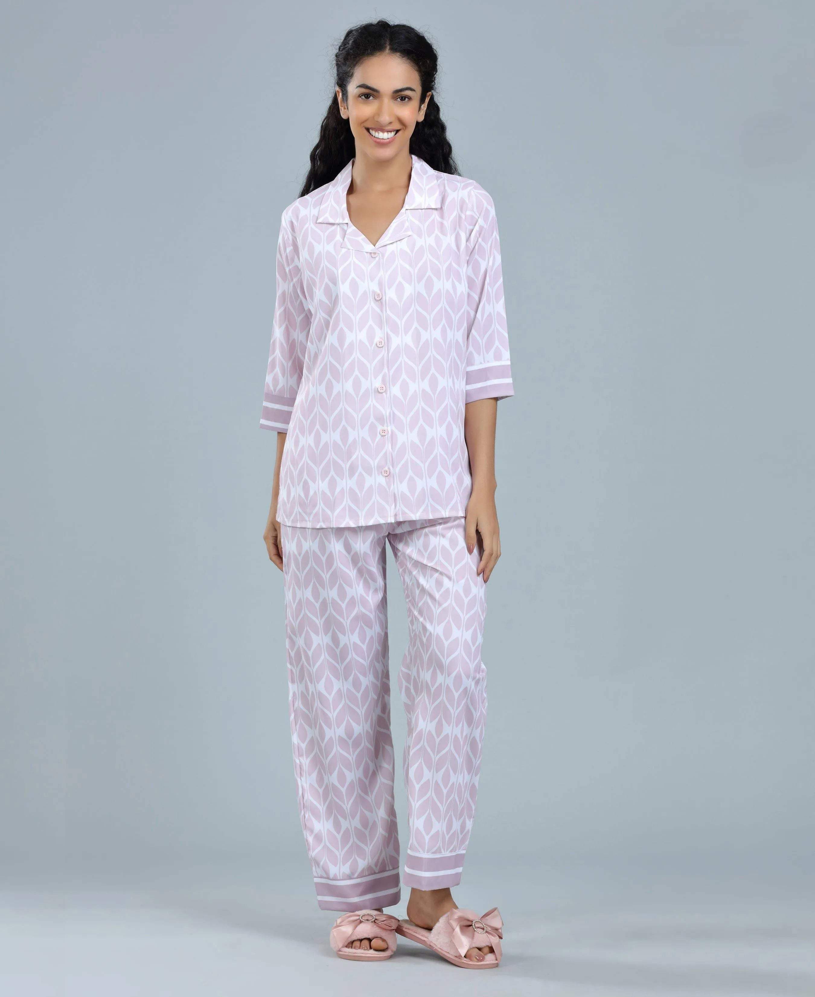 Lavender Geometric Print Satin Night Suit - Velure - Shirt and Pant - 3/4 Sleeves, Abstract Print, Collar Neck, Front Button Open, Full Length Pant, Satin