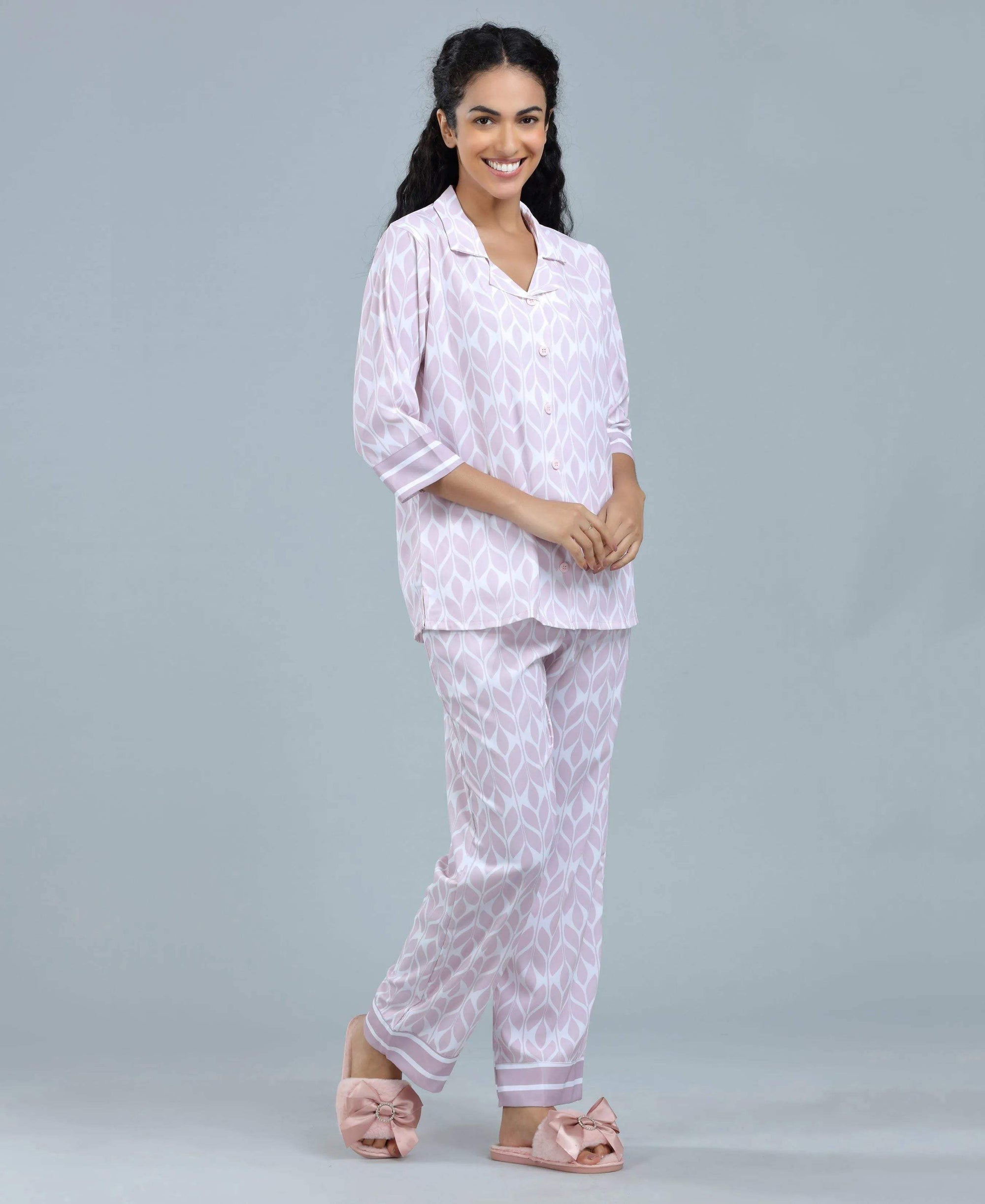 Lavender Geometric Print Satin Night Suit - Velure - Shirt and Pant - 3/4 Sleeves, Abstract Print, Collar Neck, Front Button Open, Full Length Pant, Satin