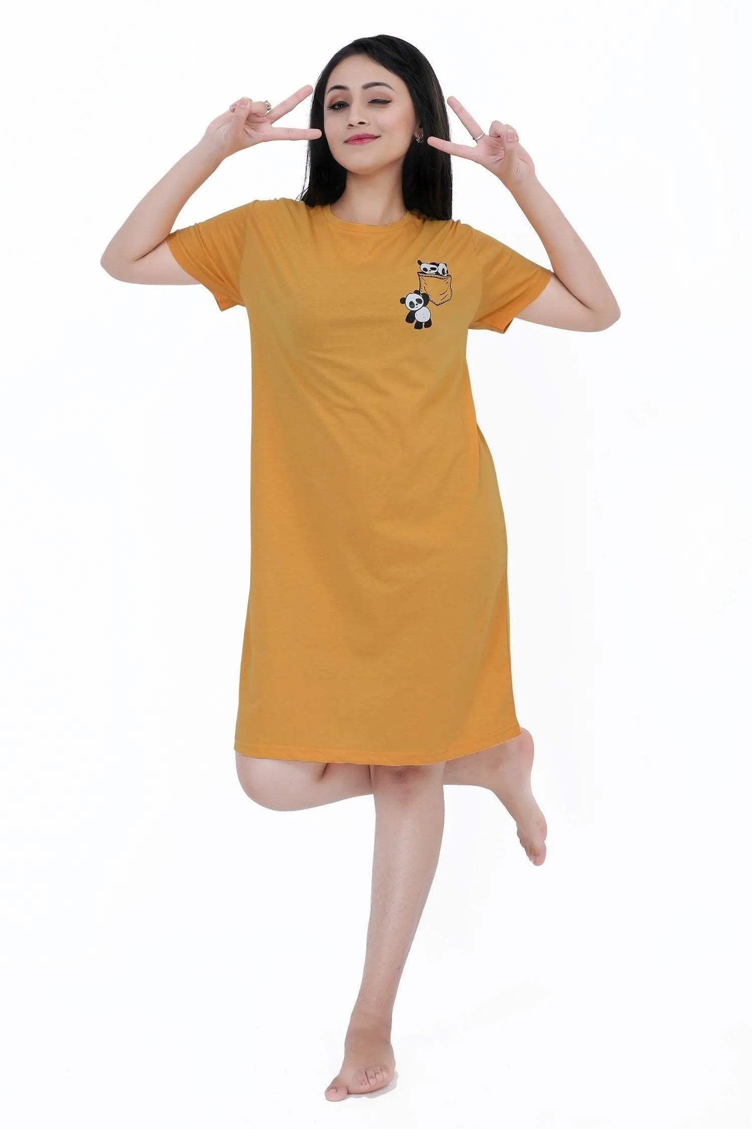 Panda Short Nighty - Velure - Short Nighty - Cotton, Half Sleeves, Knee Length, Printed, Round neck