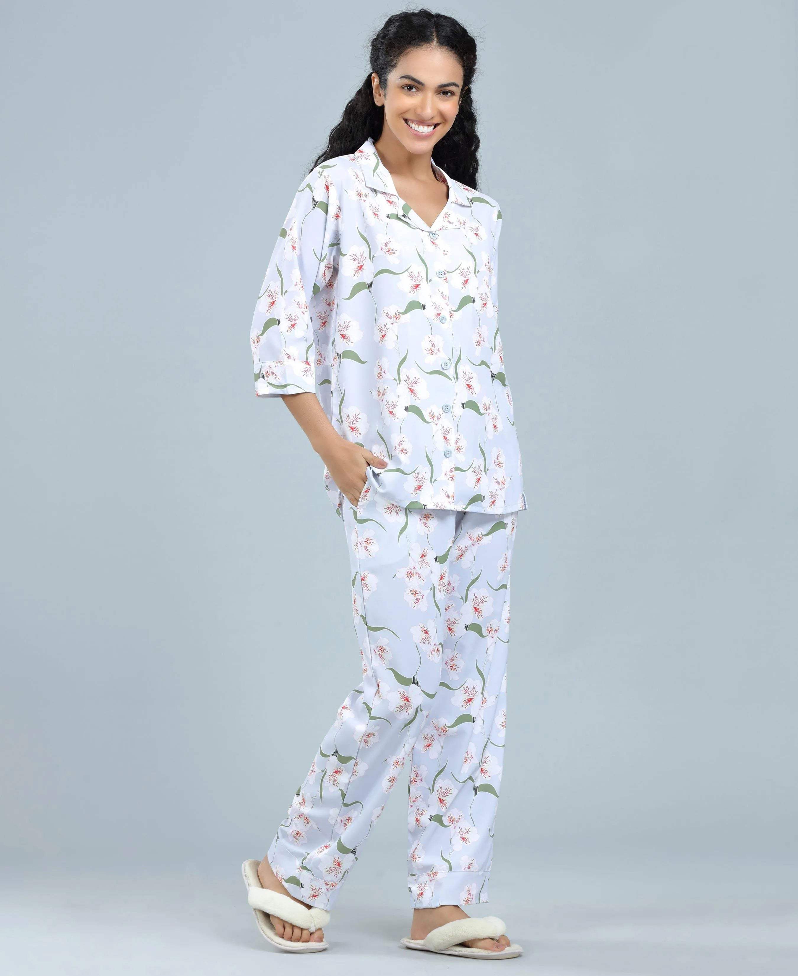 Satin Blossoms Print Satin Night Suit - Velure - Shirt and Pant - 3/4 Sleeves, Collar Neck, Floral Print, Front Button Open, Full Length Pant, Satin