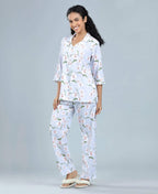 Satin Blossoms Print Satin Night Suit - Velure - Shirt and Pant - 3/4 Sleeves, Collar Neck, Floral Print, Front Button Open, Full Length Pant, Satin