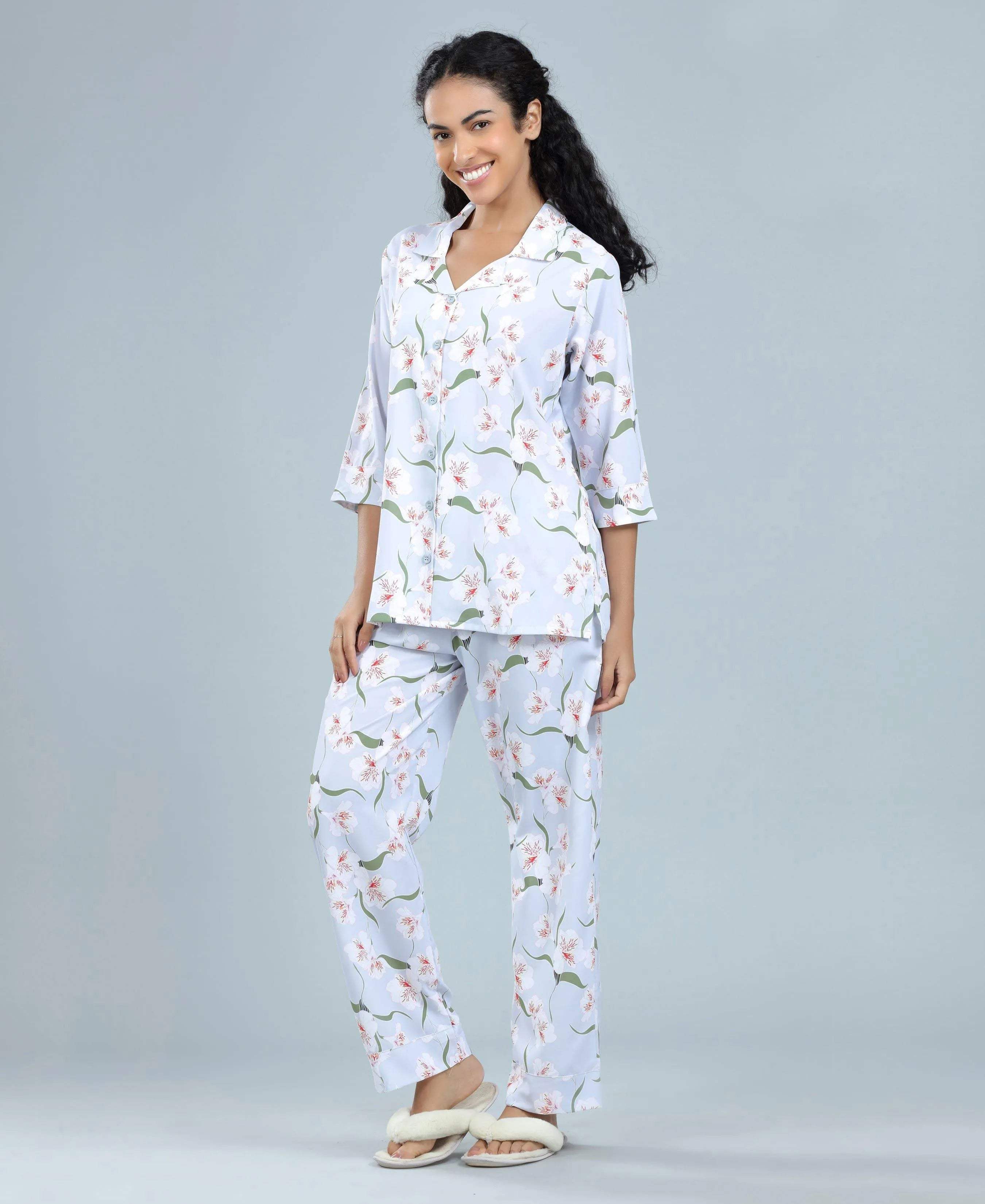 Satin Blossoms Print Satin Night Suit - Velure - Shirt and Pant - 3/4 Sleeves, Collar Neck, Floral Print, Front Button Open, Full Length Pant, Satin