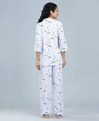 Satin Blossoms Print Satin Night Suit - Velure - Shirt and Pant - 3/4 Sleeves, Collar Neck, Floral Print, Front Button Open, Full Length Pant, Satin