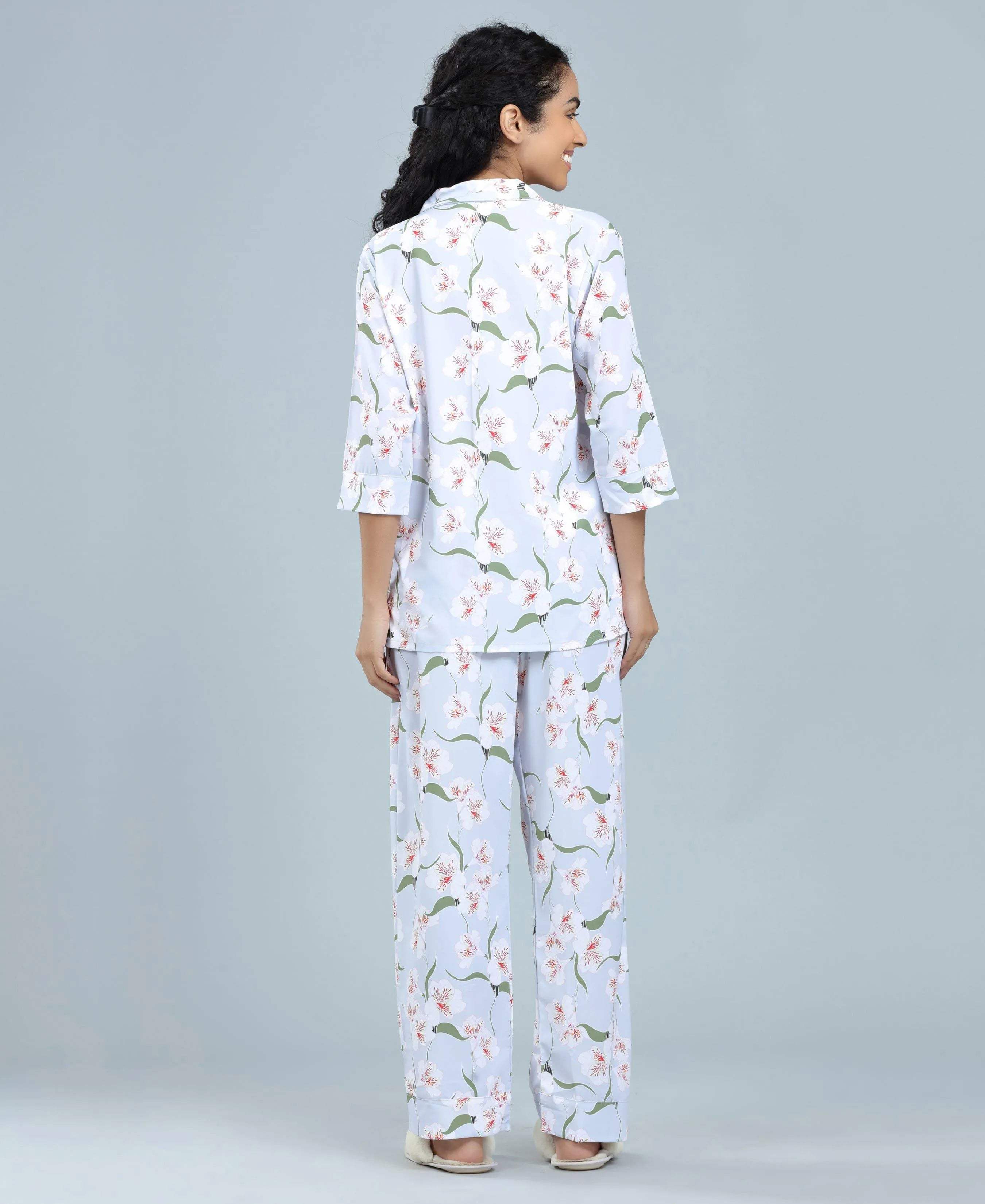 Satin Blossoms Print Satin Night Suit - Velure - Shirt and Pant - 3/4 Sleeves, Collar Neck, Floral Print, Front Button Open, Full Length Pant, Satin