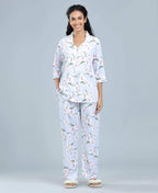 Satin Blossoms Print Satin Night Suit - Velure - Shirt and Pant - 3/4 Sleeves, Collar Neck, Floral Print, Front Button Open, Full Length Pant, Satin