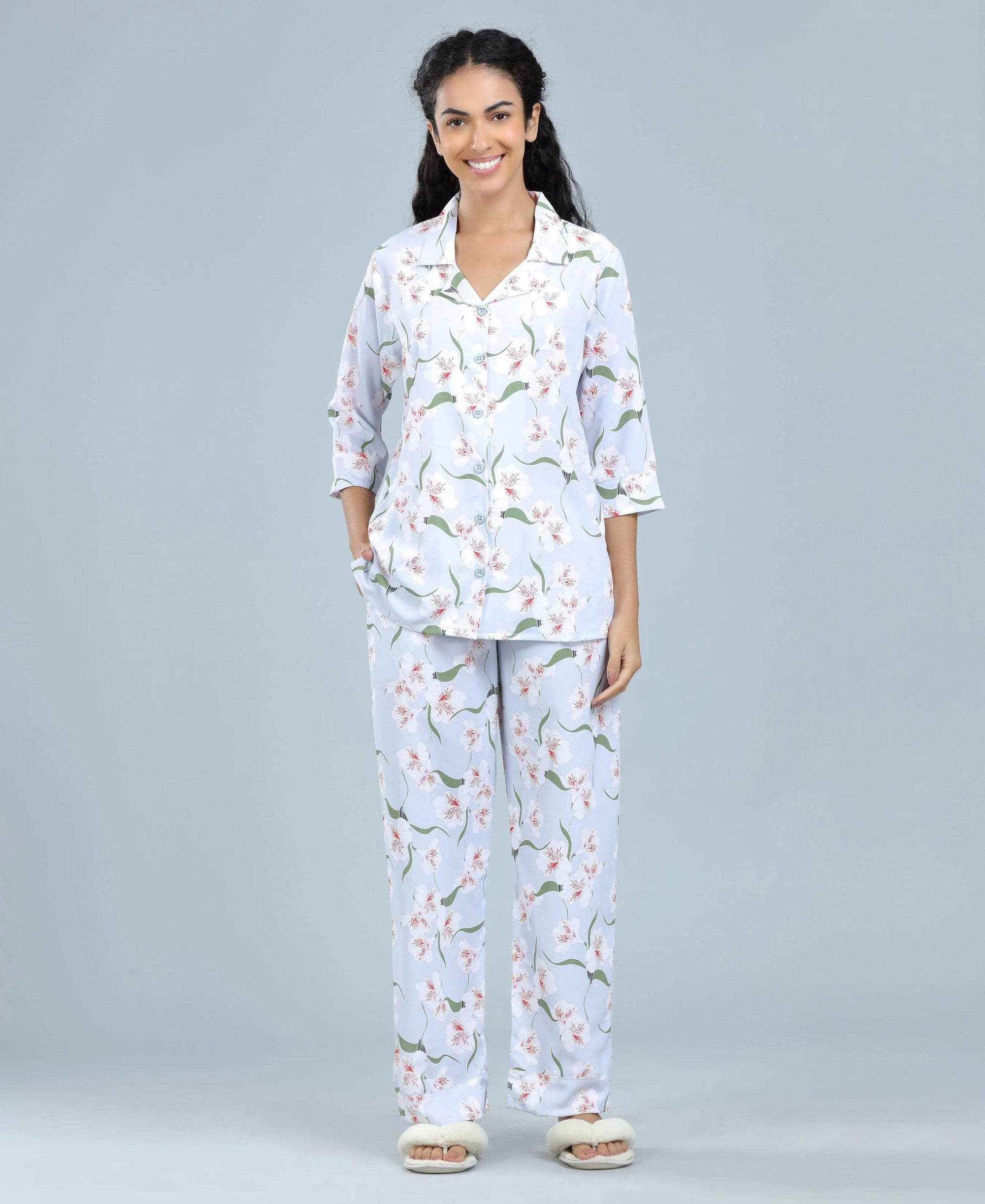 Satin Blossoms Print Satin Night Suit - Velure - Shirt and Pant - 3/4 Sleeves, Collar Neck, Floral Print, Front Button Open, Full Length Pant, Satin