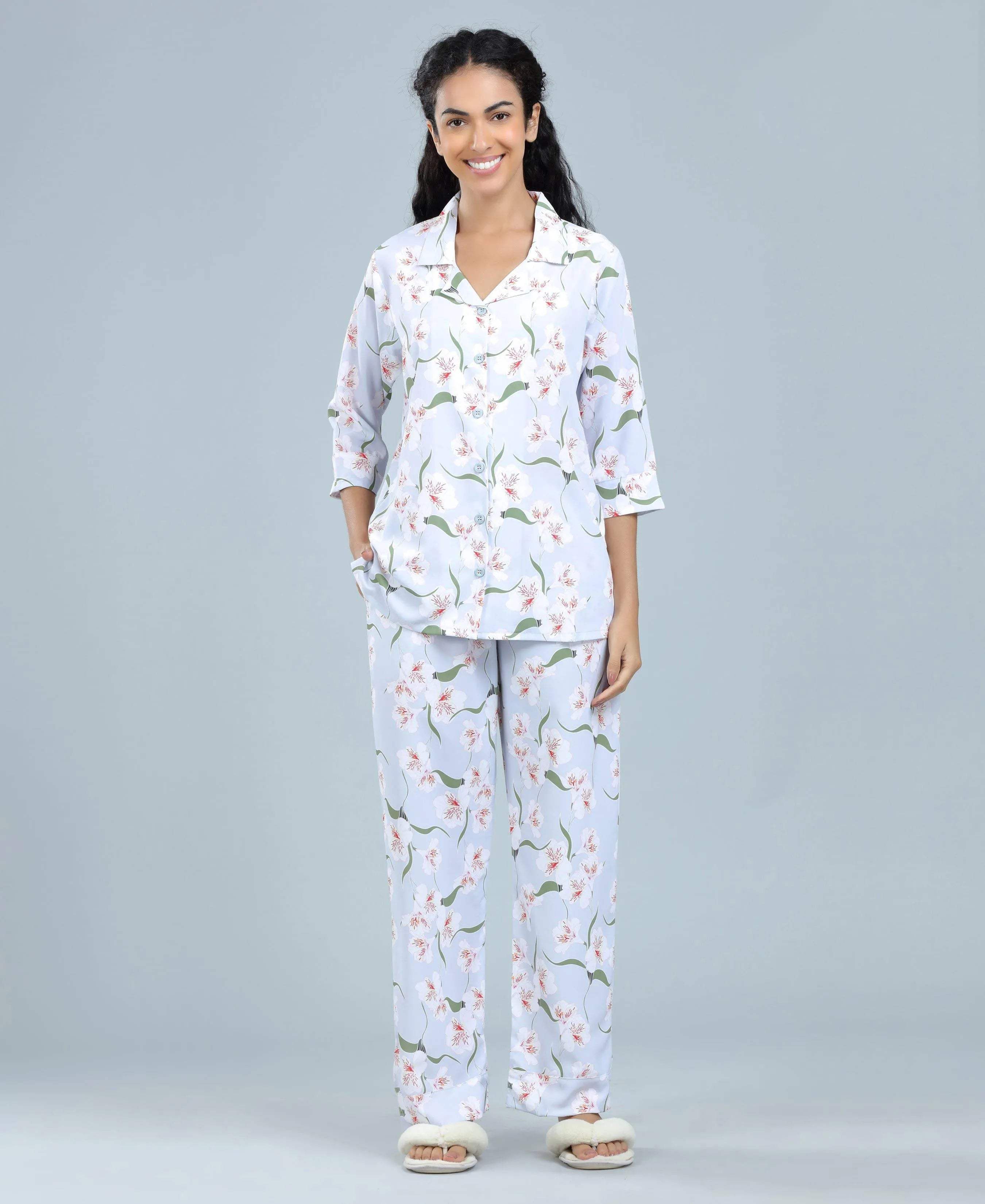 Satin Blossoms Print Satin Night Suit - Velure - Shirt and Pant - 3/4 Sleeves, Collar Neck, Floral Print, Front Button Open, Full Length Pant, Satin