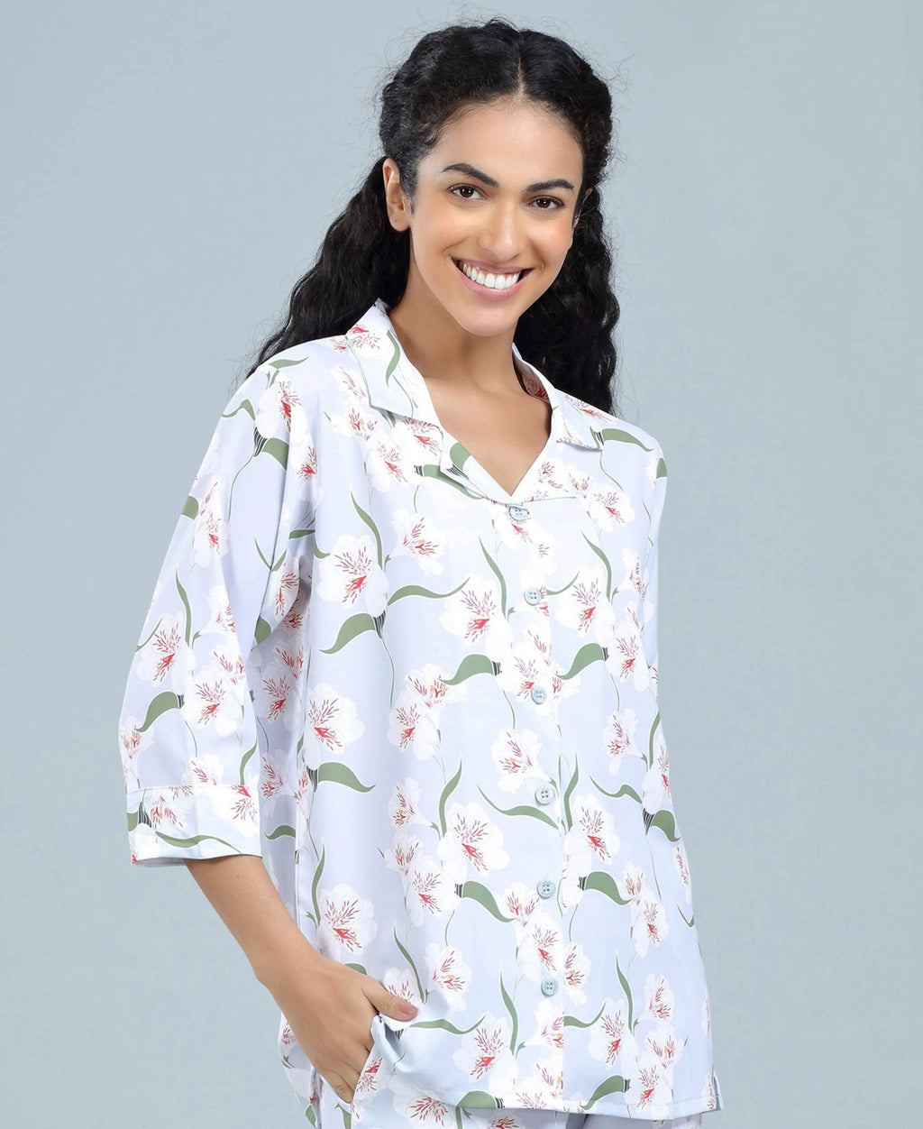Satin Blossoms Print Satin Night Suit - Velure - Shirt and Pant - 3/4 Sleeves, Collar Neck, Floral Print, Front Button Open, Full Length Pant, Satin