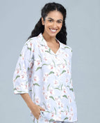 Satin Blossoms Print Satin Night Suit - Velure - Shirt and Pant - 3/4 Sleeves, Collar Neck, Floral Print, Front Button Open, Full Length Pant, Satin