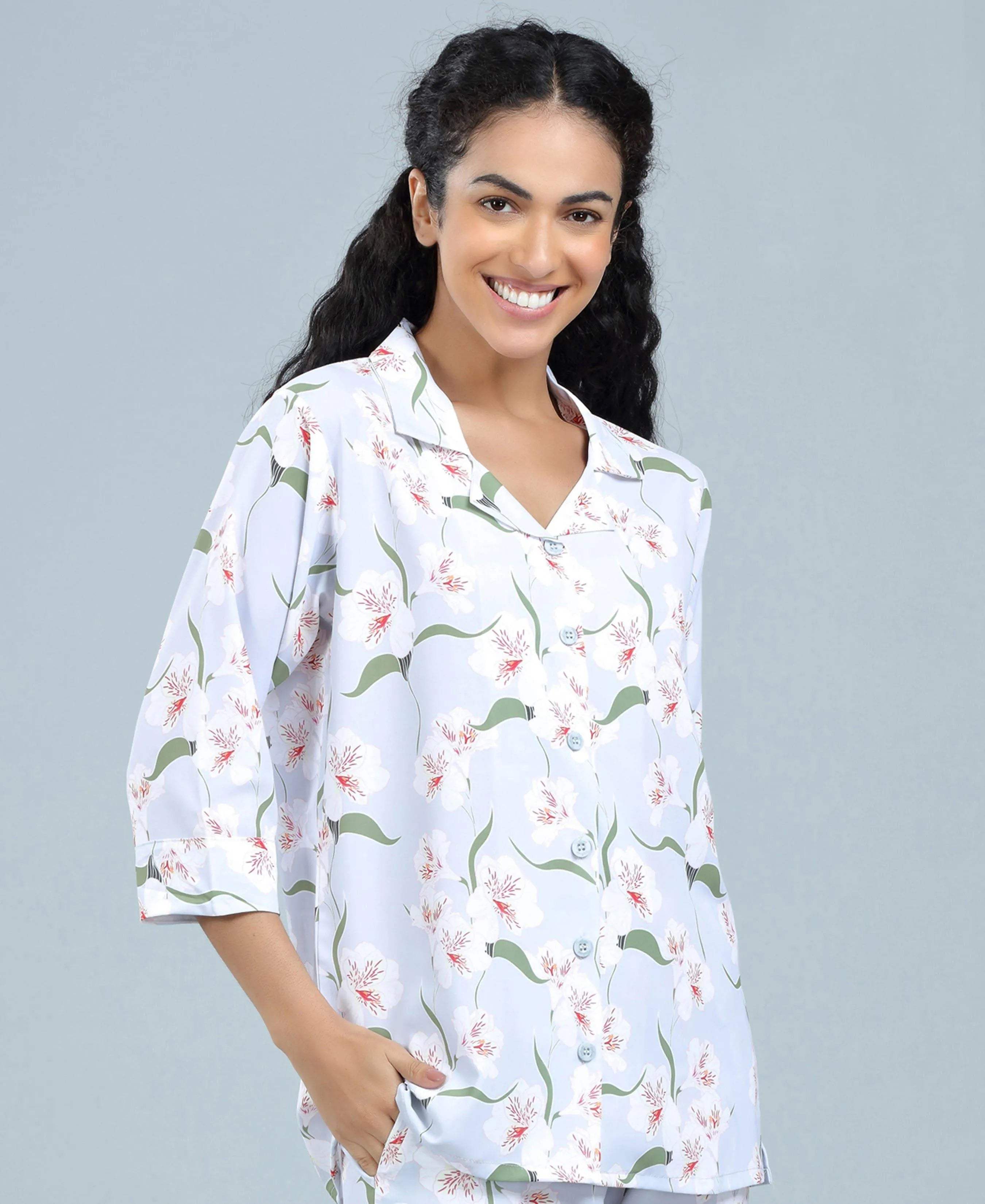 Satin Blossoms Print Satin Night Suit - Velure - Shirt and Pant - 3/4 Sleeves, Collar Neck, Floral Print, Front Button Open, Full Length Pant, Satin
