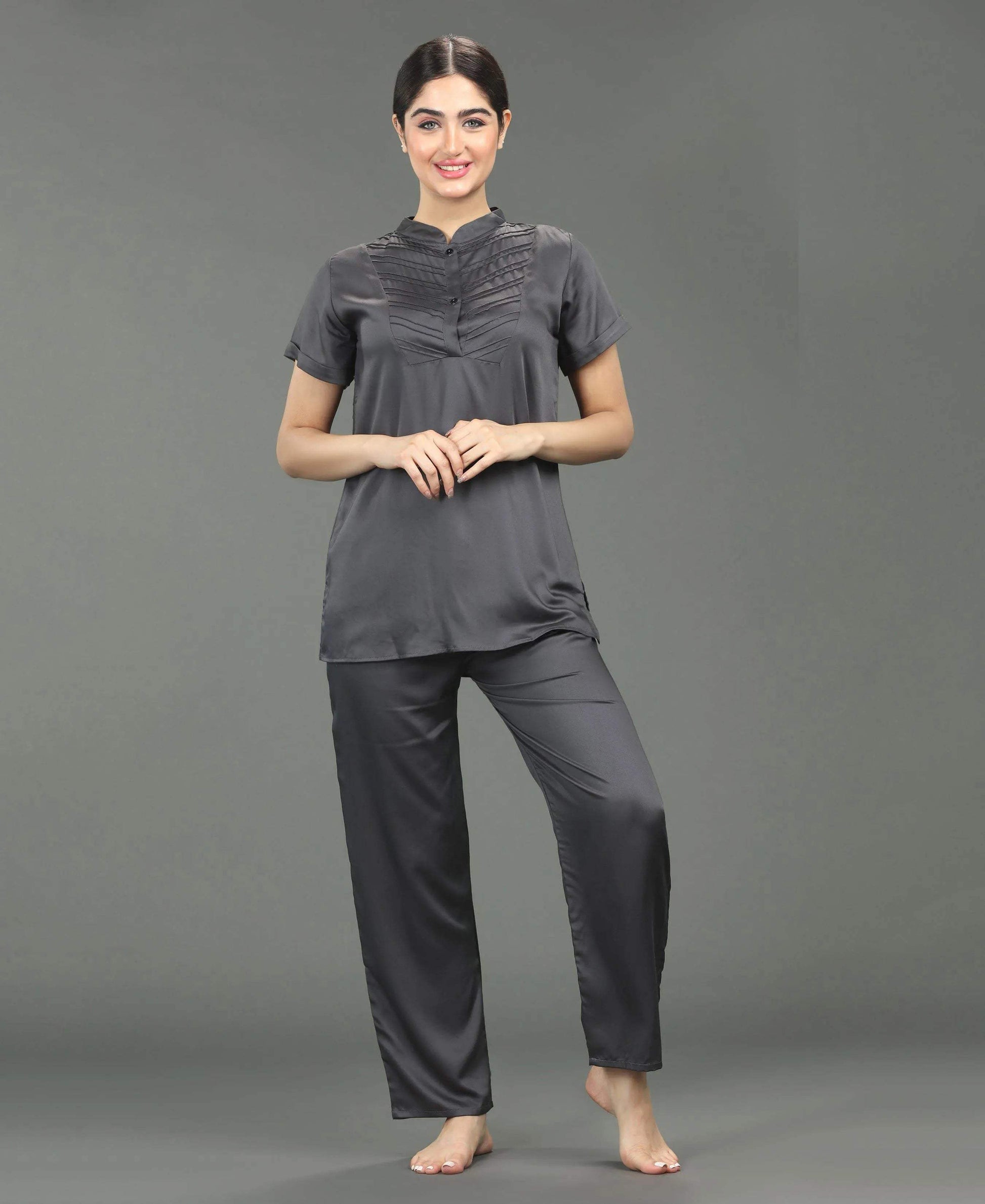 Satin Night Suit - Velure - Shirt and Pant - Collar Night Suit, Full Length Pant, Half Sleeves, Long Top Night Suit, Satin