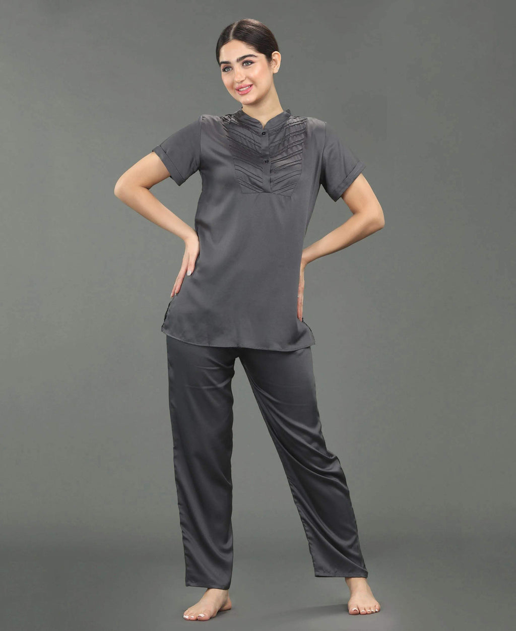 Satin Night Suit - Velure - Shirt and Pant - Collar Night Suit, Full Length Pant, Half Sleeves, Long Top Night Suit, Satin