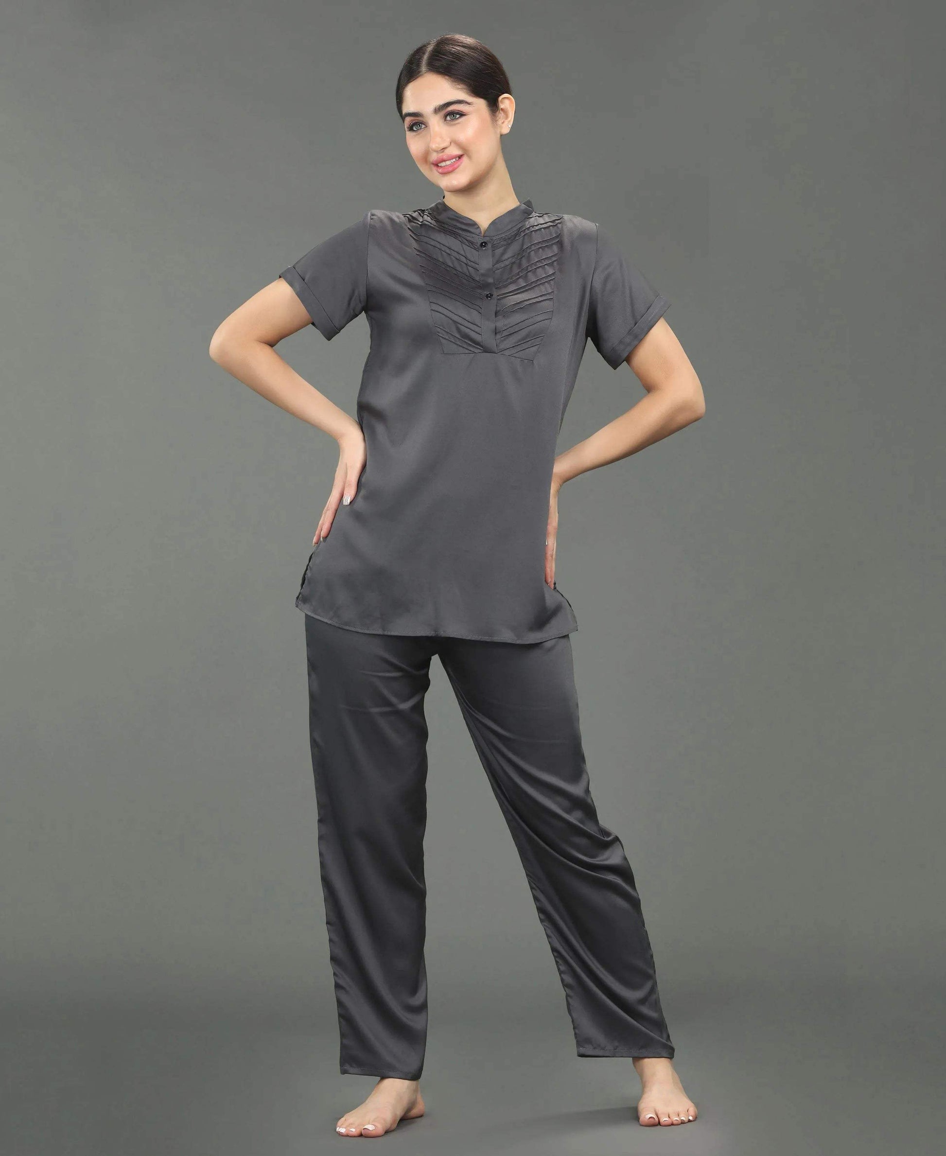 Satin Night Suit - Velure - Shirt and Pant - Collar Night Suit, Full Length Pant, Half Sleeves, Long Top Night Suit, Satin
