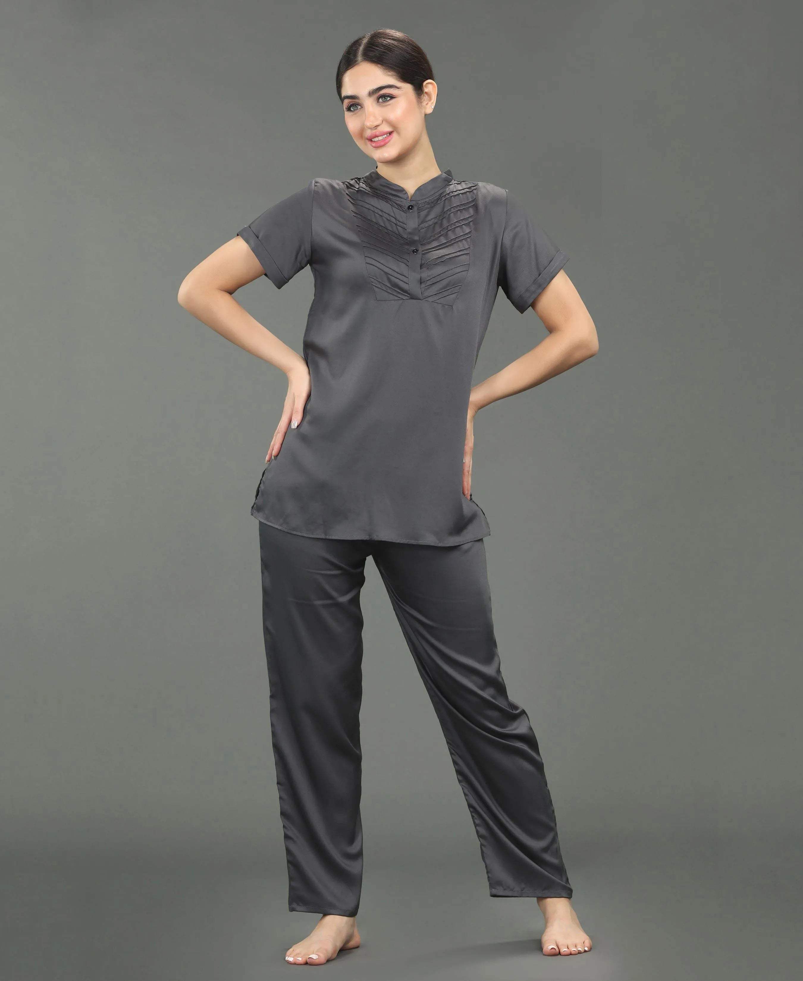 Satin Night Suit - Velure - Shirt and Pant - Collar Night Suit, Full Length Pant, Half Sleeves, Long Top Night Suit, Satin