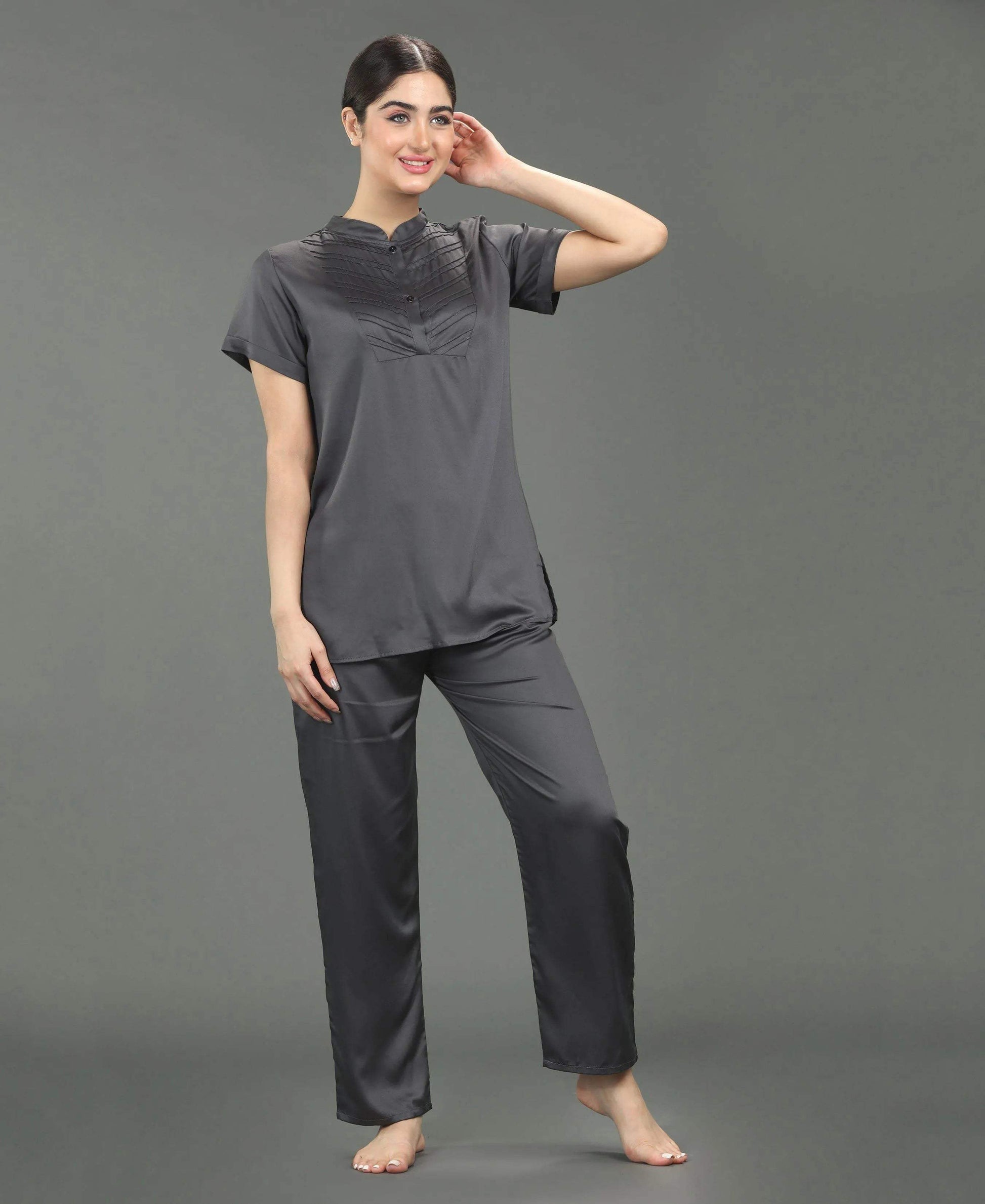 Satin Night Suit - Velure - Shirt and Pant - Collar Night Suit, Full Length Pant, Half Sleeves, Long Top Night Suit, Satin