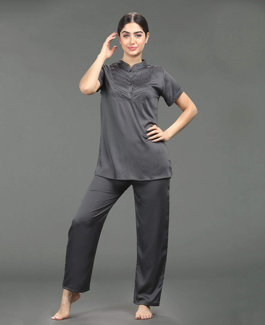 Satin Night Suit - Velure - Shirt and Pant - Collar Night Suit, Full Length Pant, Half Sleeves, Long Top Night Suit, Satin