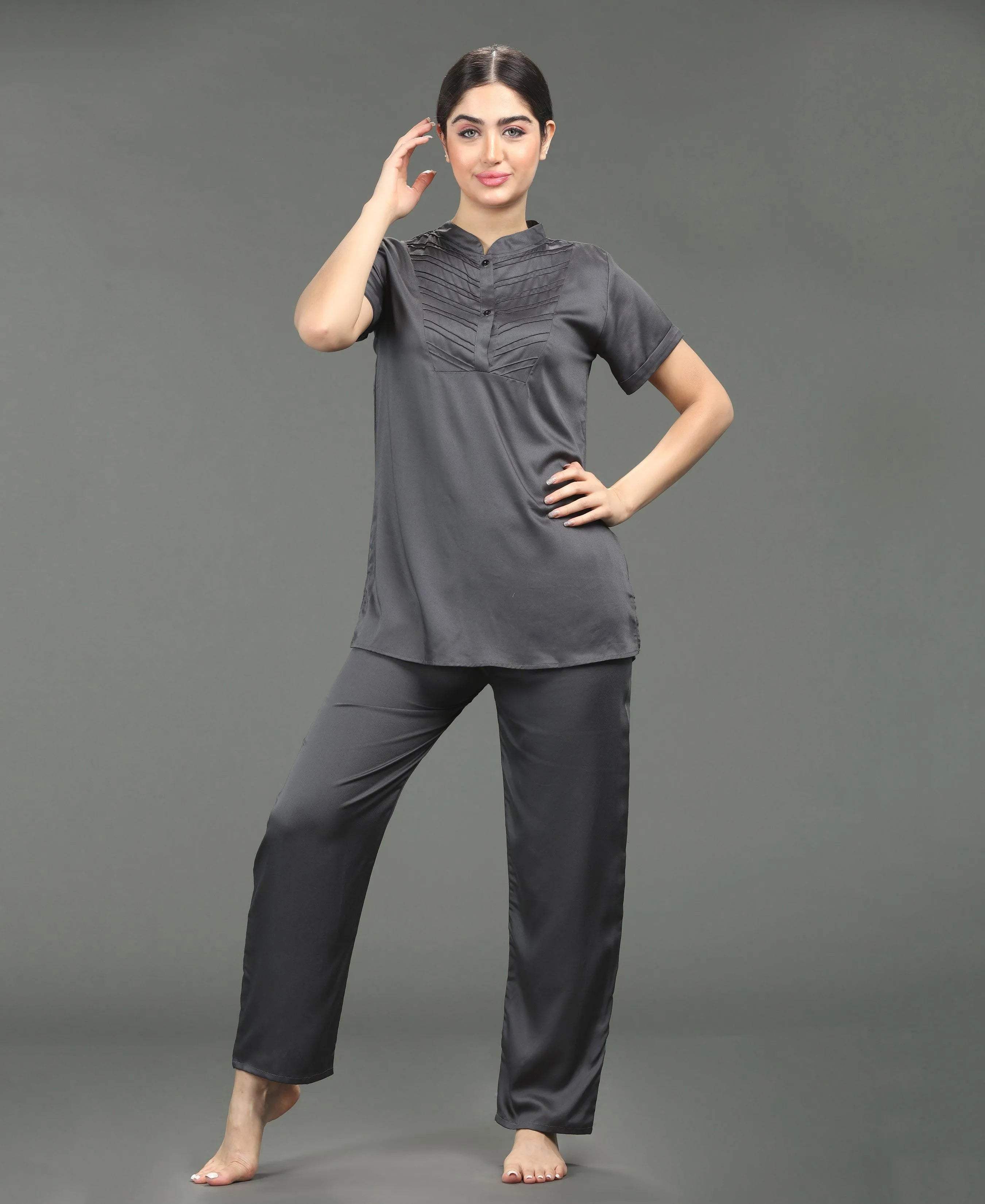 Satin Night Suit - Velure - Shirt and Pant - Collar Night Suit, Full Length Pant, Half Sleeves, Long Top Night Suit, Satin