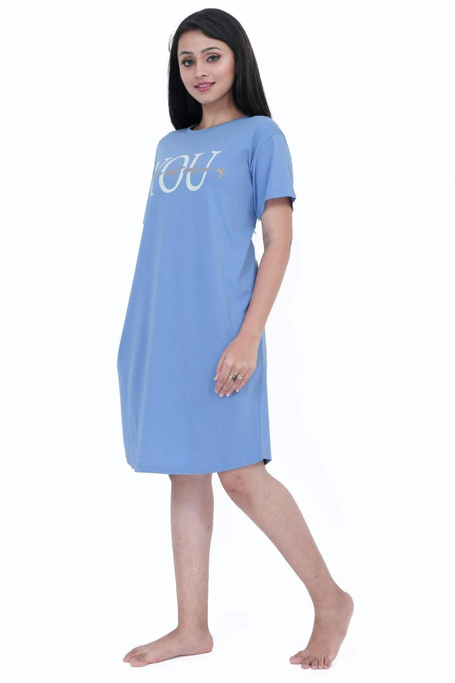 Short Blue Nighty Dress For Women - Velure - Short Nighty - Cotton, Half Sleeves, Knee Length, Printed, Round neck