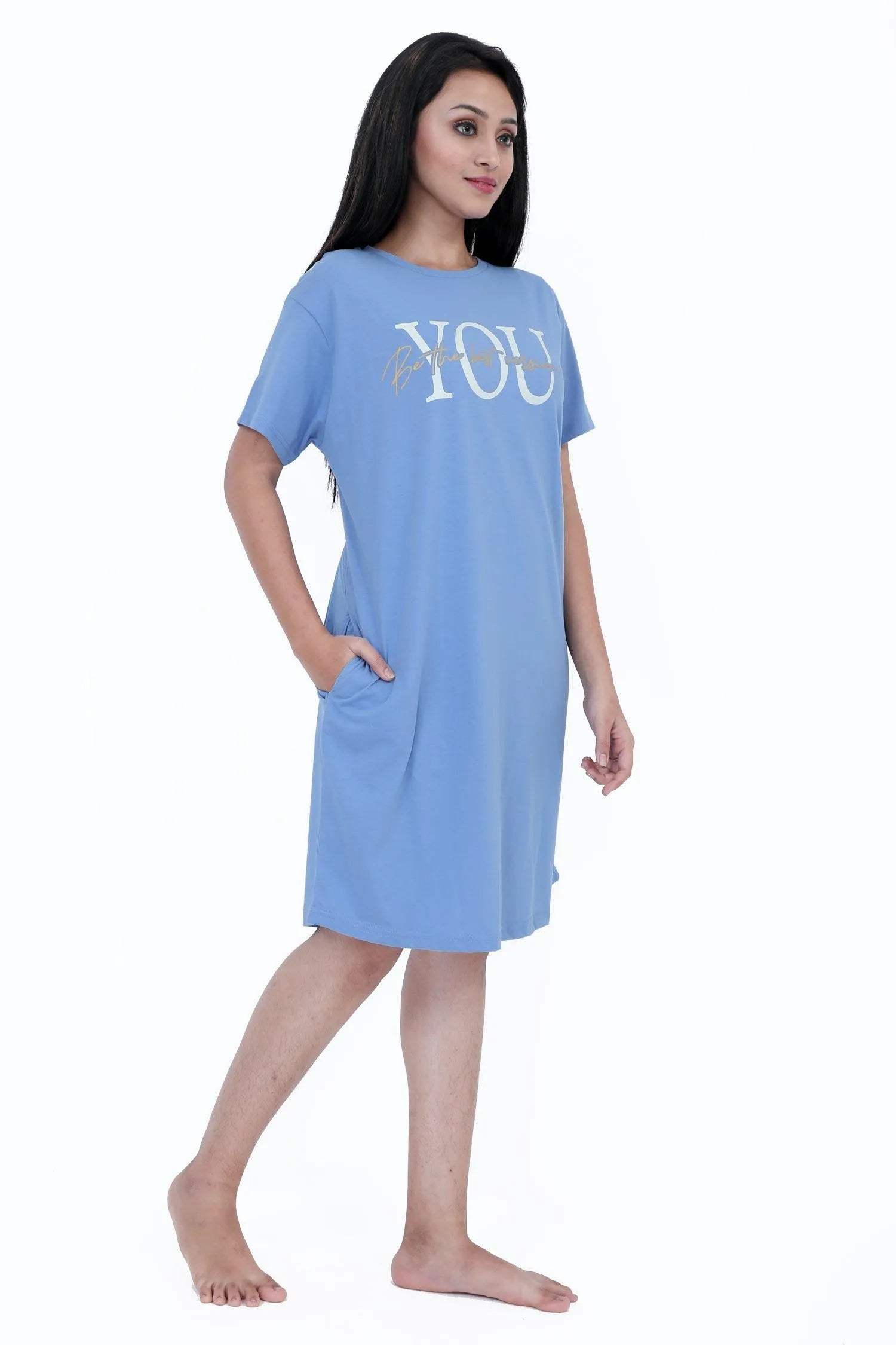 Short Blue Nighty Dress For Women - Velure - Short Nighty - Cotton, Half Sleeves, Knee Length, Printed, Round neck