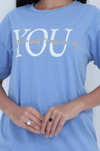 Short Blue Nighty Dress For Women - Velure - Short Nighty - Cotton, Half Sleeves, Knee Length, Printed, Round neck
