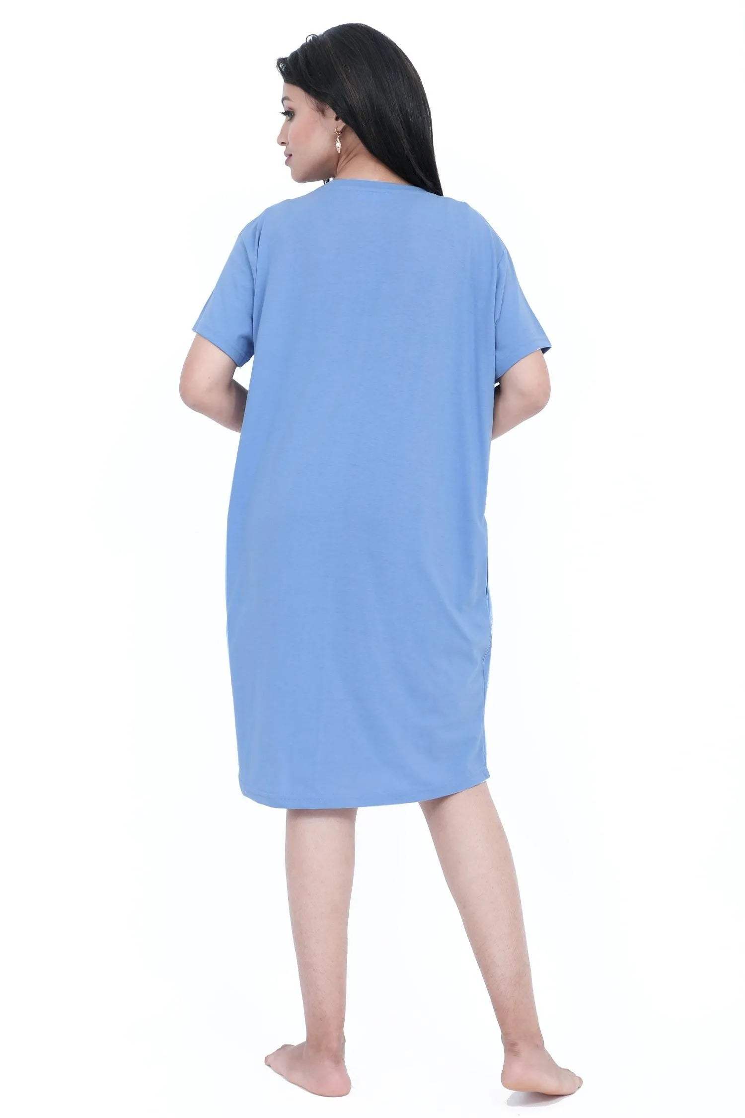 Short Blue Nighty Dress For Women - Velure - Short Nighty - Cotton, Half Sleeves, Knee Length, Printed, Round neck
