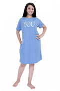 Short Blue Nighty Dress For Women - Velure - Short Nighty - Cotton, Half Sleeves, Knee Length, Printed, Round neck