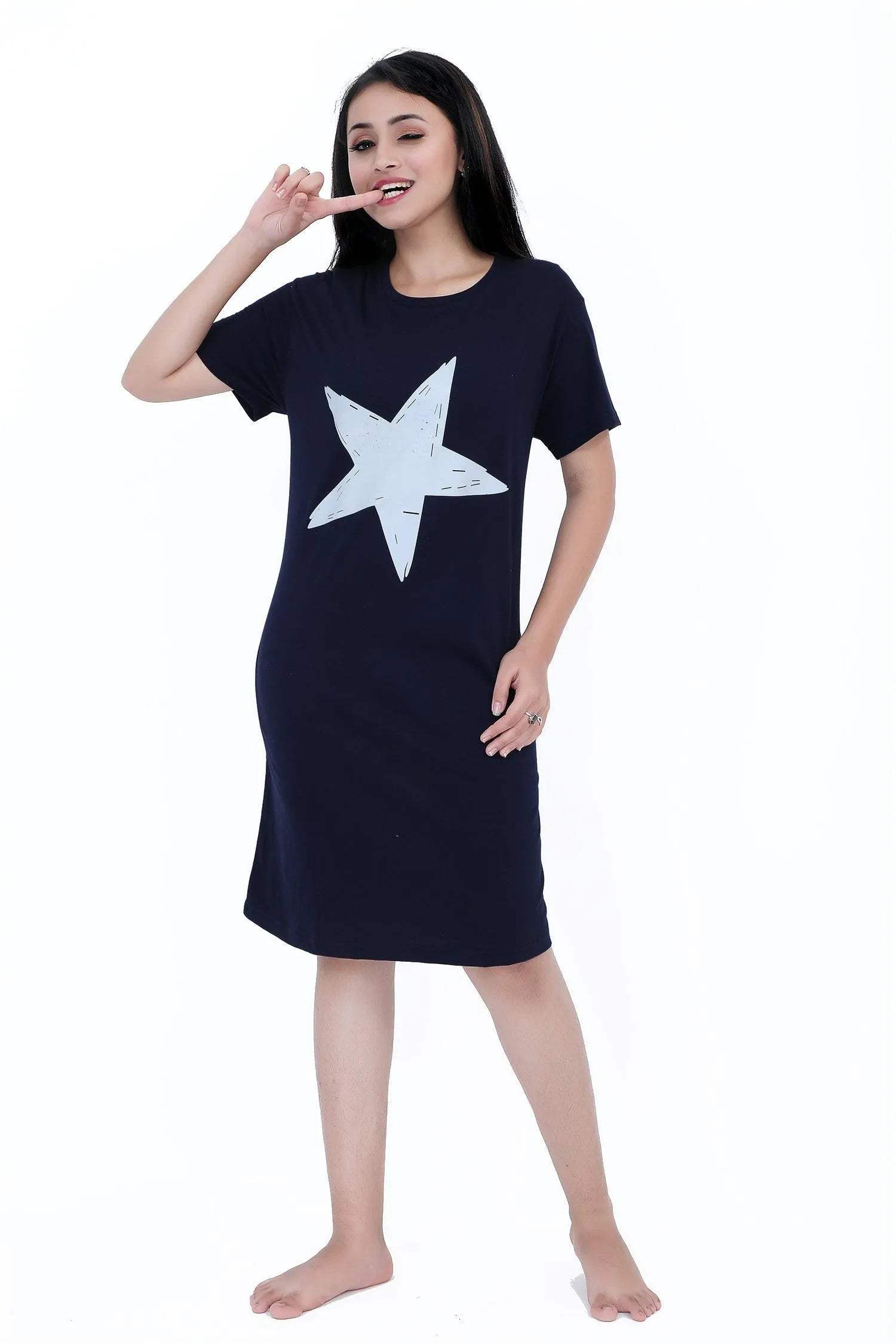 Star Print Short Nighty - Velure - Short Nighty - Cotton, Half Sleeves, Knee Length, Printed, Round neck