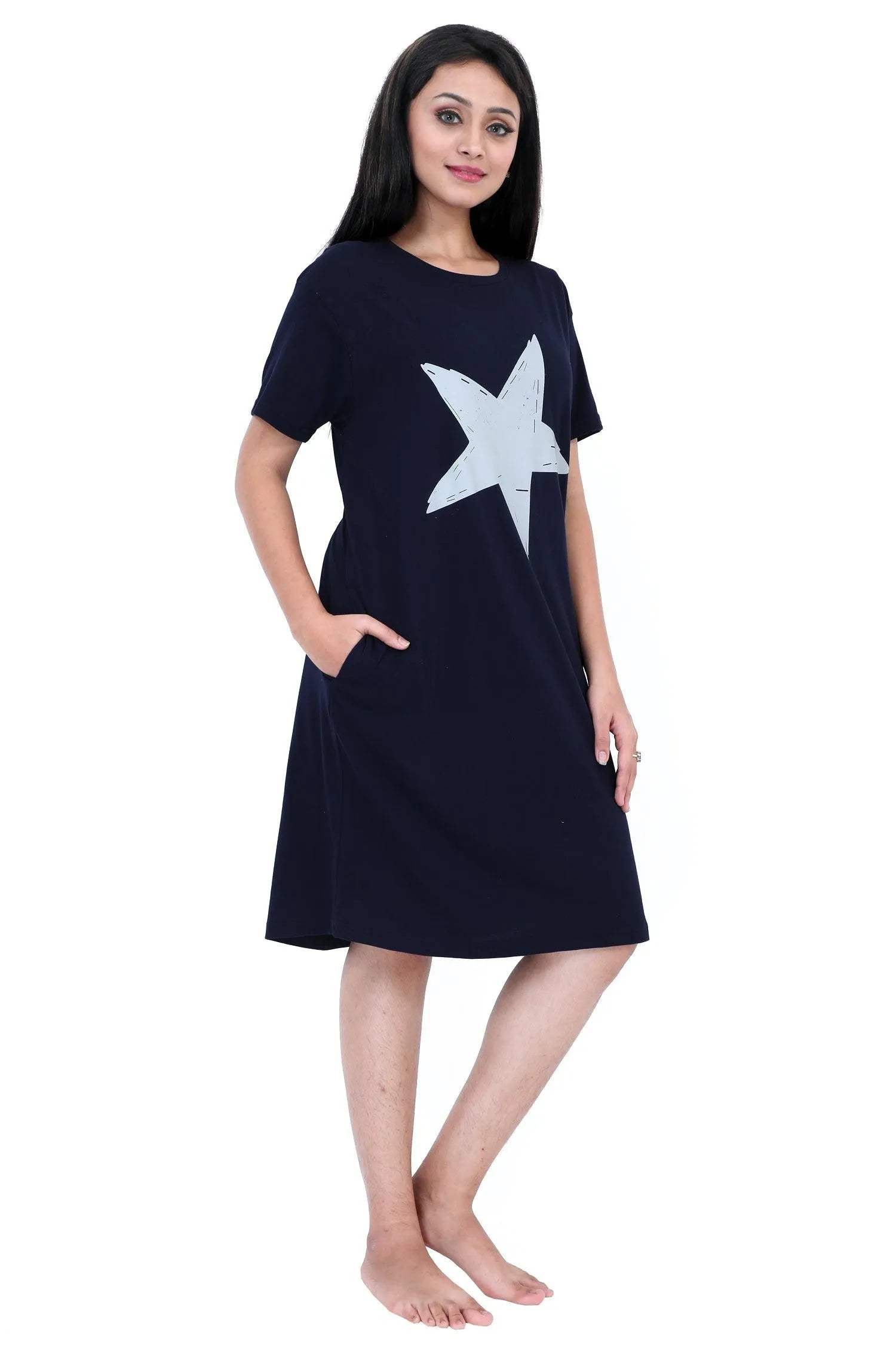 Star Print Short Nighty - Velure - Short Nighty - Cotton, Half Sleeves, Knee Length, Printed, Round neck